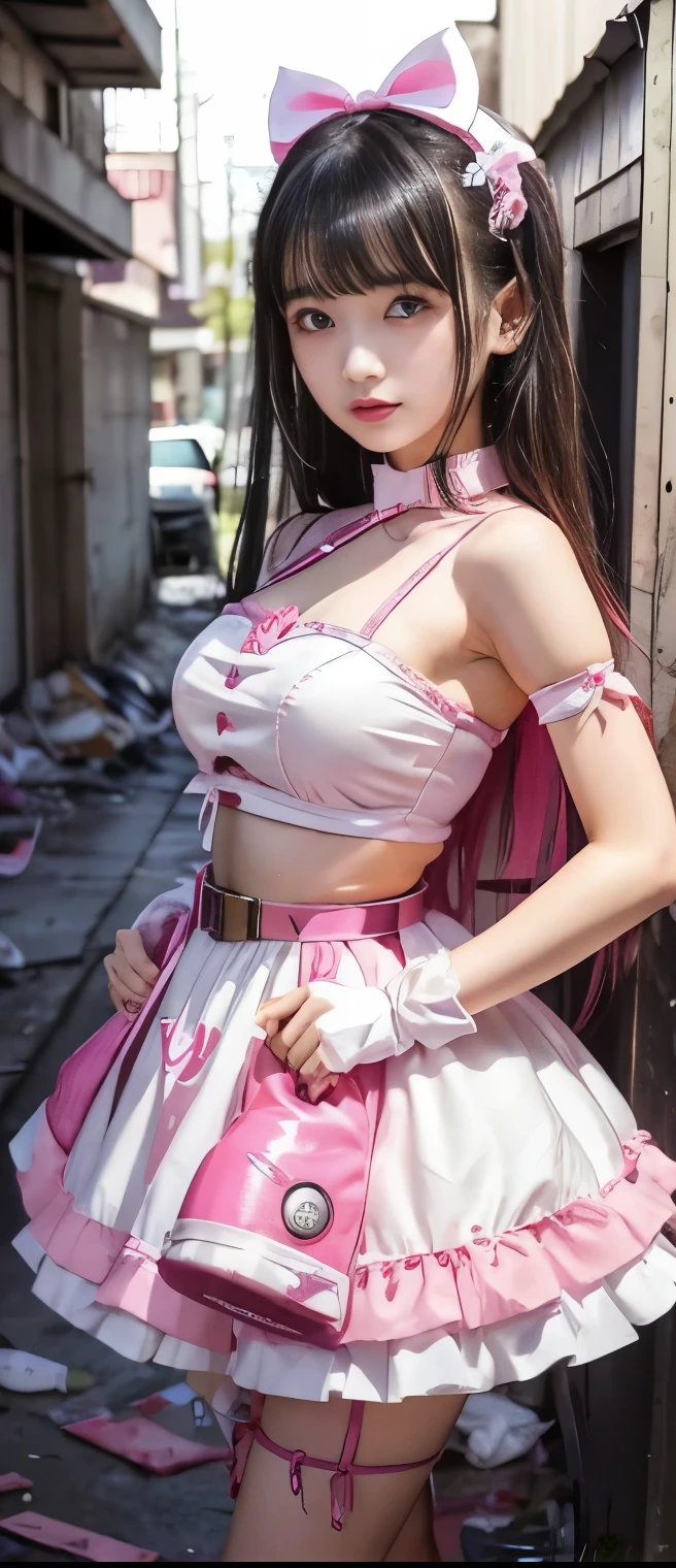 Elegant Nightmare Idol Girl、A pure girl's face、 hypo、Pure Mini Dress(Fluorescent Pink and White 、Bloodbelt、Glowing Chainsaw、Glamorous Garbage Dump
