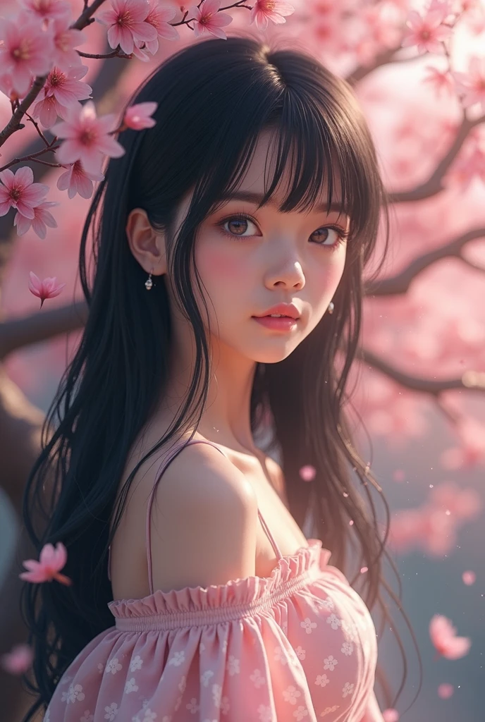 A girl，petite，realisticlying，The upper part of the body， Realistis，Flowering trees，Floating hair，Detailed face --auto