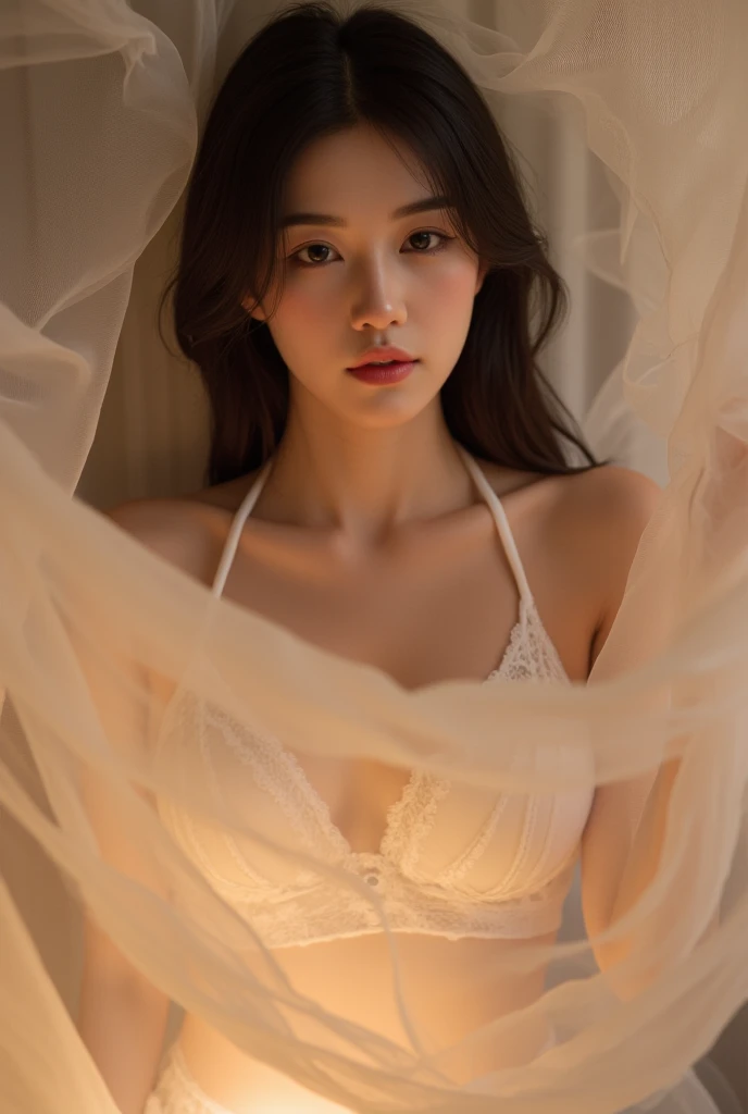 (Create a realistic and photorealistic photo image about girls)、Average Japanese girl、whole body、underwear, Shade、35mm retro og film photo, blur, tint, depth
