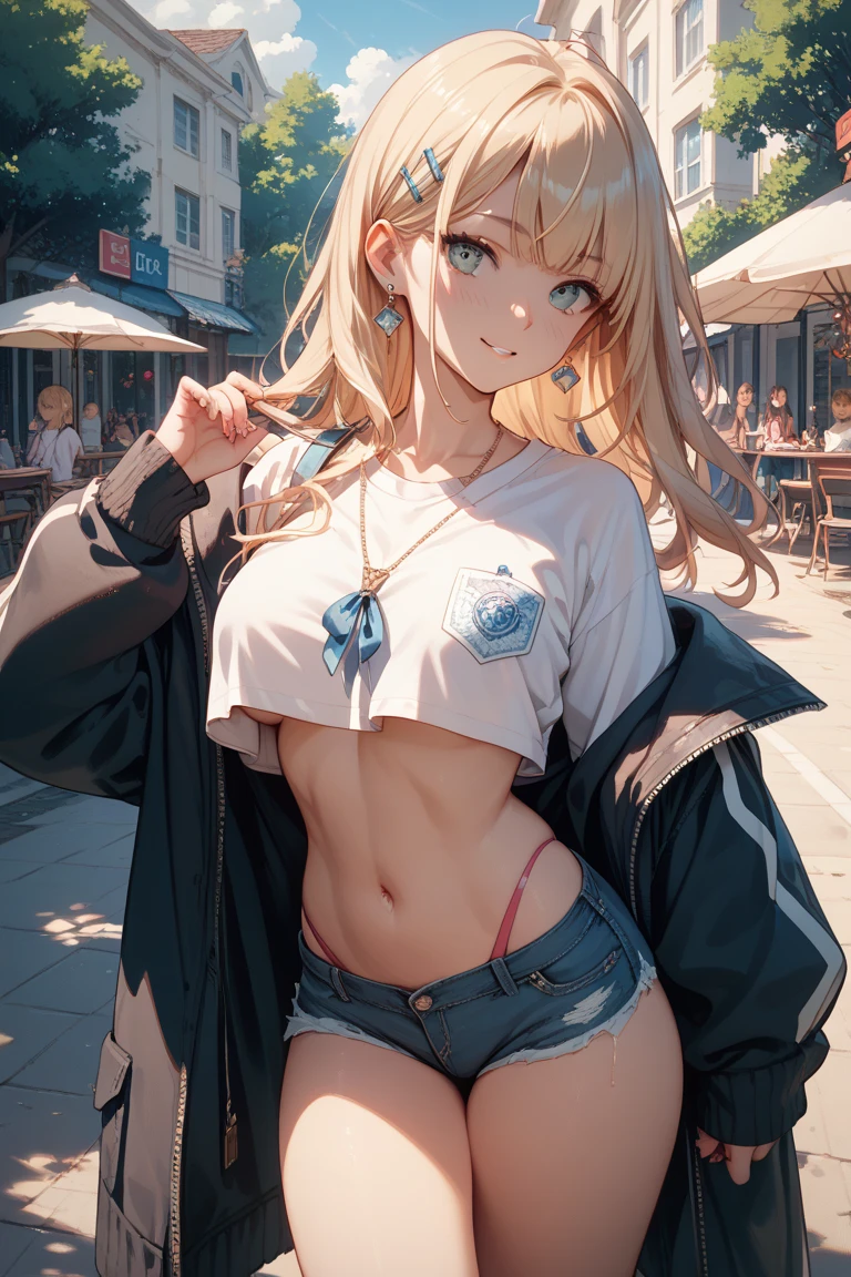 ボロボロのcamisole,Torn clothes(camisole),(Underboob),Damage shorts,Tattered shorts,Open button,belly button