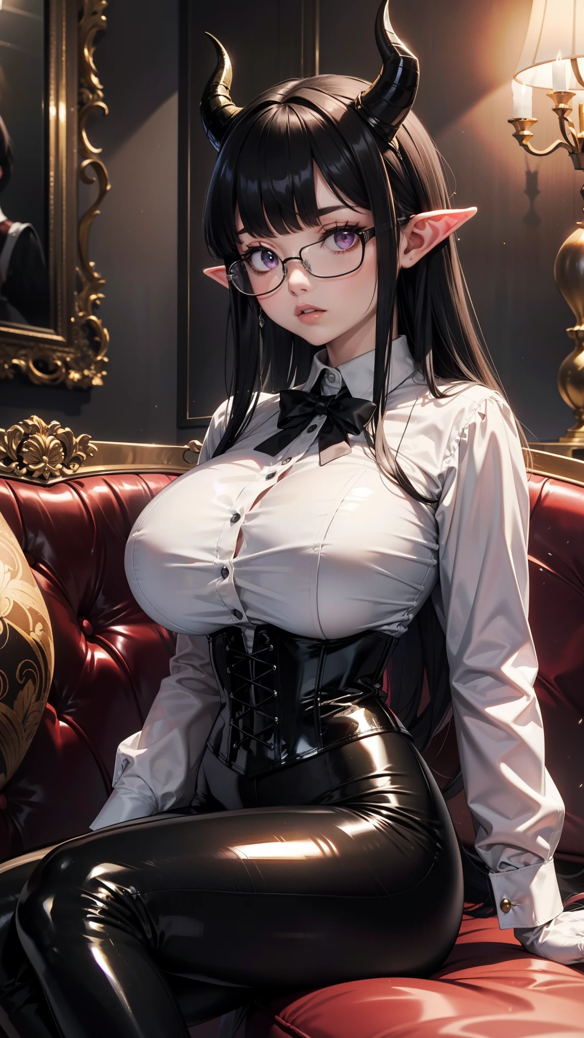 nipples, open chest, gothic lolita、Gothic、nipples, garters、knee socks、A slight smile、sexual、glamour、shades、Unhappy、beauty、glamorous、gloomy smile、Dark surroundings、bell sleevesCheek coloring、Beautiful world、Goth Lorika headband、Mysterious、Background at night、black long straight hair、witchy、choke、synthesizer、Purple eyes、Dark gothic makeup、Wish request