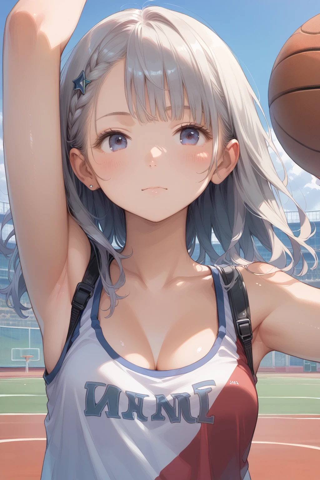 (masterpiece、Highest quality、))、beautiful detailed eyes 、ultra-detailed、 , Gray Hair、Ahoge、Long Hair, Blue eyes、ponytail 、big breasts、blurry background、bashful、pinup, play tennis, (swing tennis racket:1.1), wear tennis uniform, in Tennis court, (moving:1.2), tennis ball, hit the ball with a racket, some players、Panty shot、windy,floating hair、floating skirt、open clothes、cleavage、arm up、