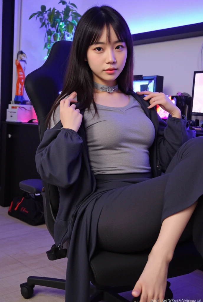 (super highest quality、In 8K、Masseter muscle part、nice illustration, She is wearing a light blue short tantop suit, nothing revealing,、15 year old Korean girl beautiful and charming woman、sitting on a chair, slim body、big breasts, , black hair,
The background is in the game room,
The girl sat in a chair looking straight ahead while looking at her cell phone