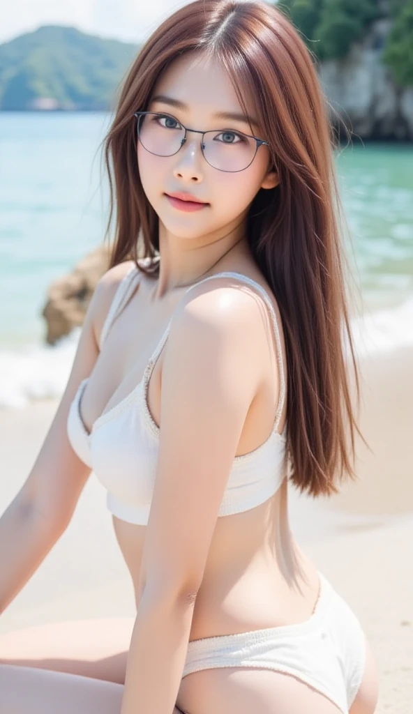 a cute woman, 8K, very smiling，beautiful detailed eyes, upper body, beautiful detailed lips, extremely detailed eyes and face, long eyelashes, slender body, thin face, delicate features, flawless porcelain skin, glistening sweat, realistic, bikini, beach, one-person viewpoint, Fuji Film, F/1.2, masterpiece, nffsw, super detail, high quality, best quality, high resolution, glasses, mole under right eye, arms crossed, 