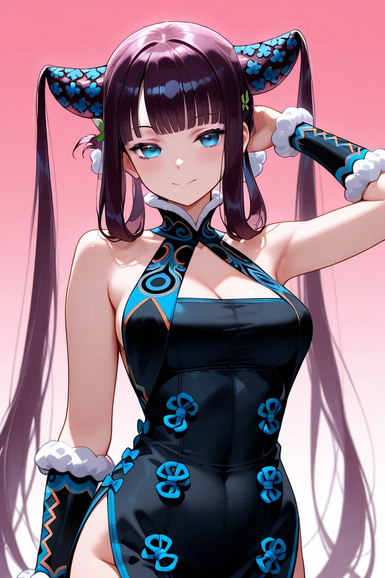 (portrait, side view, looking at viewer:1.3), rainbow color combinations, masterpiece, 8k wallpaper, absurdres, best quality, dynamic angle, cinematic lighting, 1girl, (small breasts), cute, delicate, (black hair, pink streaks:1.3), (halter dress, sky blue dress:1.32), long hair, hair between eyes, sidelocks, crown braid, diadem, show shoulders, extremely reflective eyes, (extremely plain background, solid color background, yellow background:1.1)