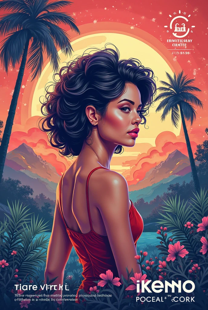 retro girl, Miami, sunset, Ferrari, palm tree, 90's, (flat colors, flat texture, lineart:1.2), graphical design, (heavy ink, ink blacks), (medium breasts:1.6), curly hair, red hair,  