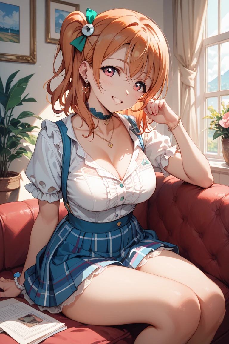 drooping eyes, eyes realistic sizing, ((round face, blush, shame play, emphasize body line, orgasm, open mouth, squirting, rubbing crotch against table corner self pleasure, arch hip)), various pattern thin casual dress, tongue, spread legs, strong sunlight, sweat, dark red hair, braid, angle from side below,