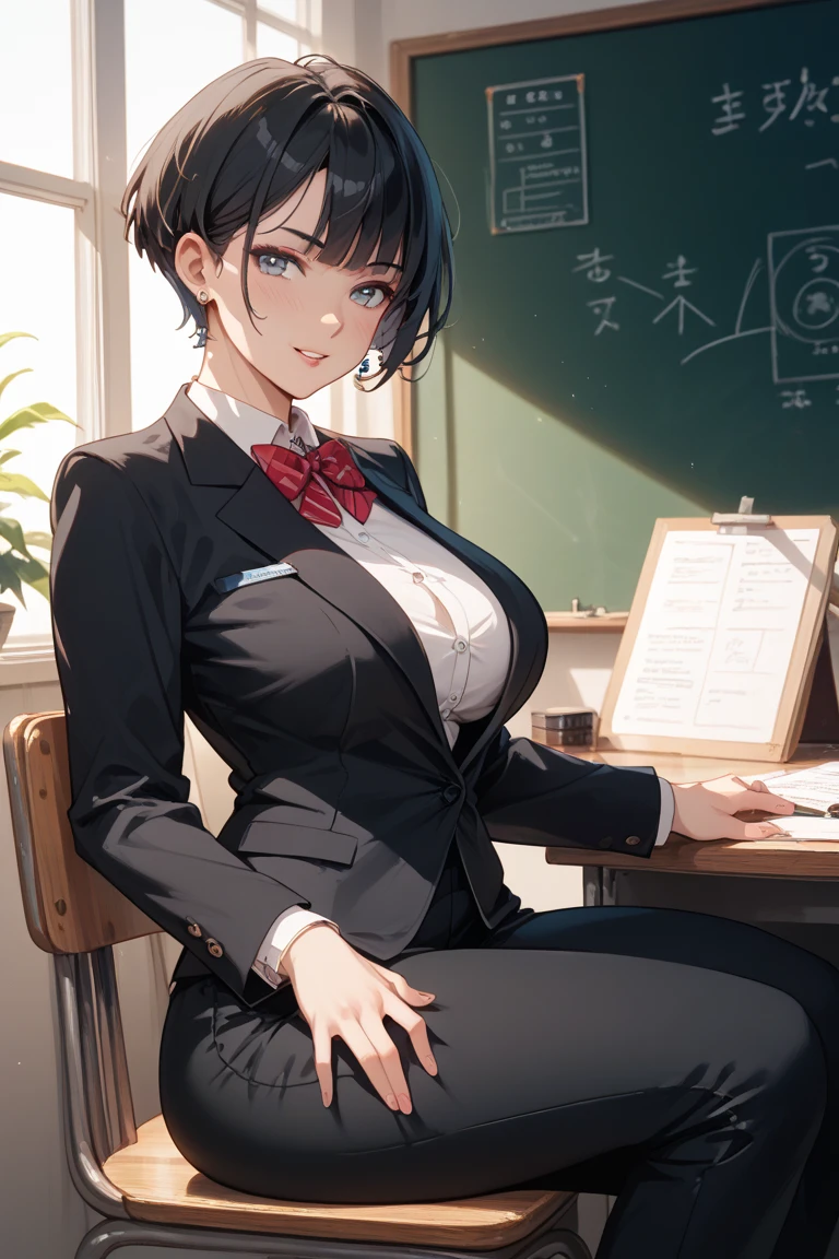 (Best quality:1.1), (Masterpiece:1.2), Highqualityshadow, Beautiful detailed, Beautiful face, Detailed eyes, Off-the-shoulder attire，Depth of field, A high resolution, Best shadow, Best illumination, 1girll, view the viewer, （Black hair:1.3)，Brush cut，extra very short hair, Blunt bangs, Long hair, Black eyes, Shy, Large breasts, Miniskirt, blouse, Blazer, Pump, Office Lady, Glasses,cleavage，looks into camera，ssmile，closeup cleavage，Superskirt