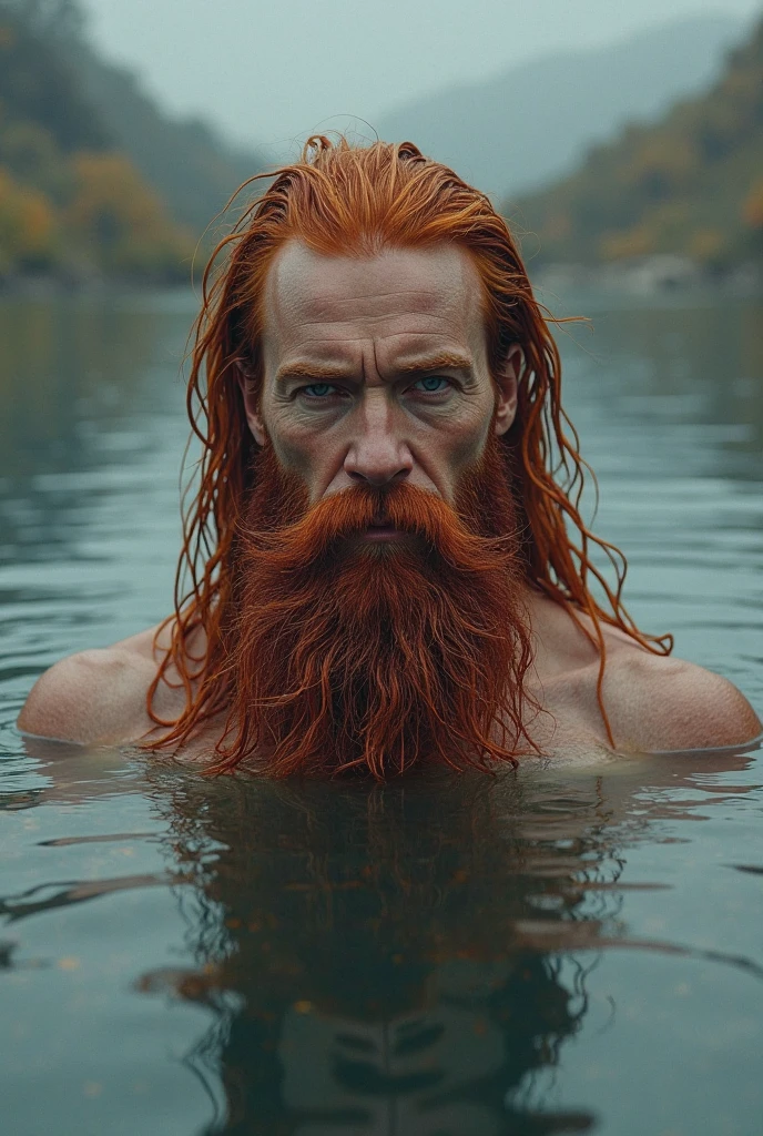 59-year-old man with blond hair, layered bob, voluminous red beard, blond, yellowish brown eyes, muscular body with a slight belly, hairy and veiny, wearing hoop piercings in his ear and an Indian necklace, completely ????? on the edge of a river