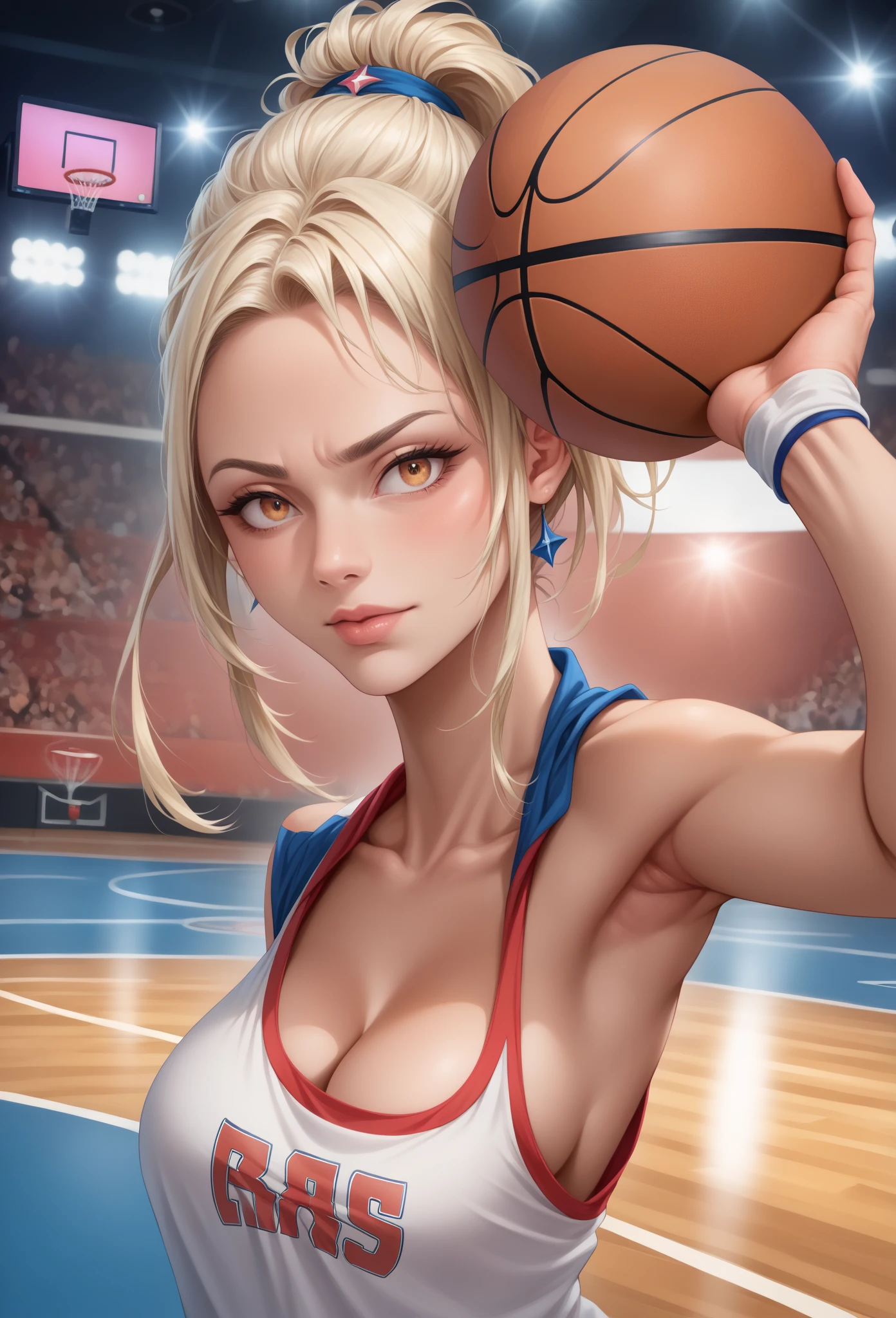 ((masterpiece), best quality, high quality, professional quality, highly detailed, highres, perfect lighting, natural lighting), sun salutation, yoga pants and sports bra, Trailblazer, Tall, in shape, Square Face, Olive Skin, Chestnut Hair, aquamarine Eyes, Short Nose, Full Lips, Sharp Chin, Long Hair, Fine Hair, Stacked Bob, firm breasts, Dangle earrings, burgundy metallic lipstick,Basketball shorts, tank top, and basketball jersey, Heiress, Tall, Athletic, Oval Face, Olive Skin, Blonde Hair, grey-blue Eyes, [[Curved Nose]], Full Lips, Sharp Chin, Shoulder-Length Hair, Thick Hair, Formal Braided Updo, perky breasts, Stud earrings, burgundy sheer lipstick