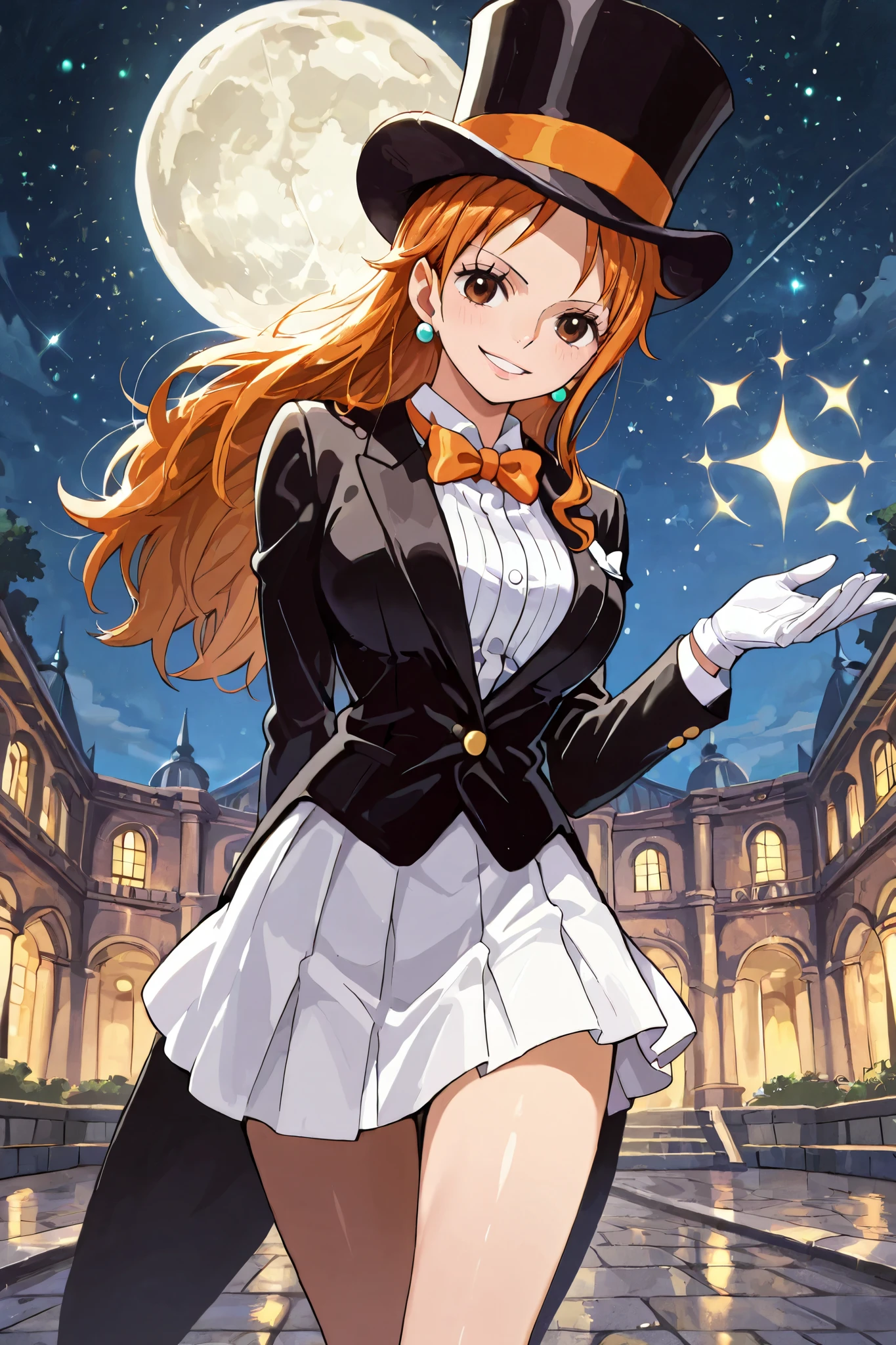 (masterpiece) solo, 1girl, nami, one piece, long orange hair, earrings, brown eyes, sleek legs,( large black silk top hat, orange band) black tuxedo jacket, white shirt under tuxedo jacket,  orange bowtie, white miniskirt, ((white gloves)), (smiling, graceful, serene), (dapper), posing in a marble courtyard, night scene, starry background, full moon in the sky, bowing, one hand behind back, offering one hand to the viewer, (prim and proper pose, elegant pose), razzle dazzle vibes, close up shot, facing the viewer