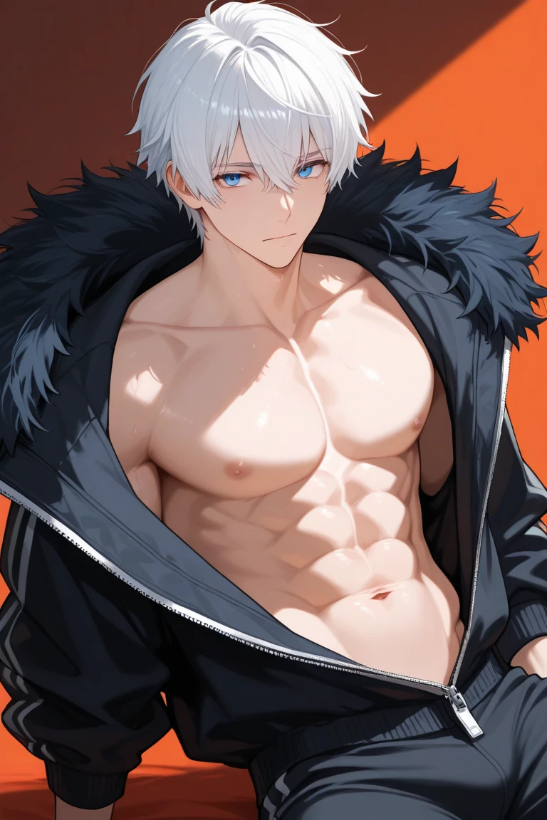 Anime guy shirtless
White hair
6 pack abs 
Strong chest
