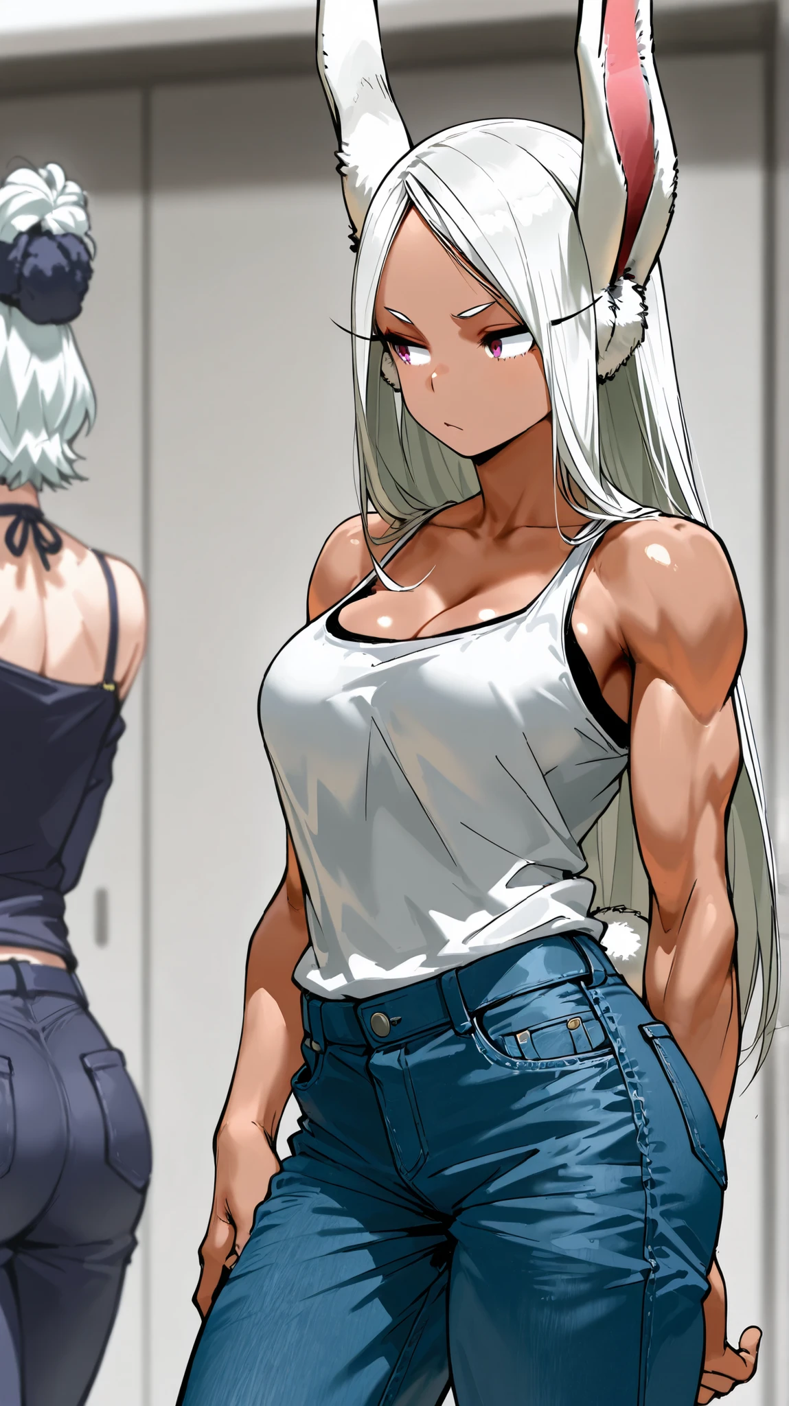 a girl, Saiyan, white hair stuck back, green eyes,slim, thin waist, wide hips, brown skin color, medium breasts, white tank top , black pants, tight clothes , the girl is in her room using her cell phone in a sexy way