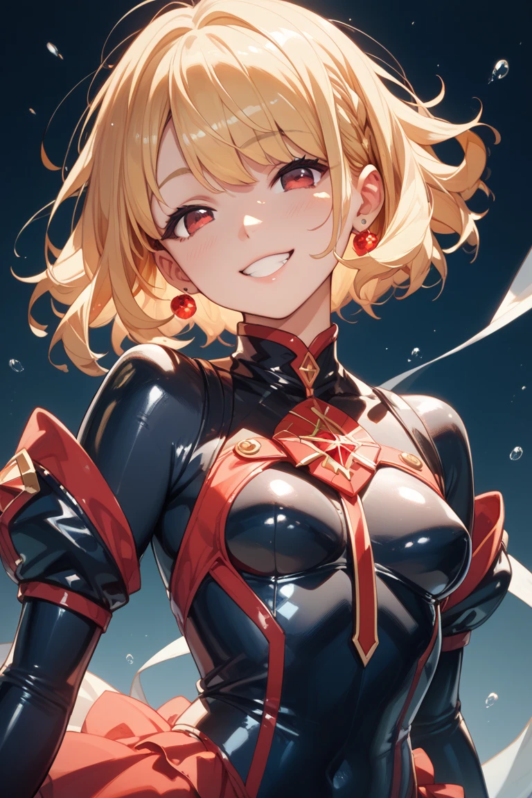 1girl, red eyes, short orange hair, smile, (medium breasts), ((red and black bodysuit)), (magma), space in background, digital art, (masterpiece), highres
