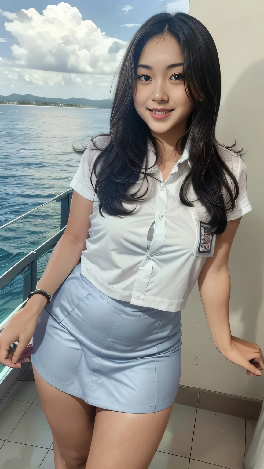 1girl, solo, (uniform), standing, at the beach, face at middle of frame, beautiful realistic ocean scenery, seductive smile, thick breasts, smooth skin, tight white shirt, grey blue short skirt, looking at the audience, low angle shot,(8k, RAW photo, best quality, masterpiece: 1.2), (realistic, realistic: 1.37), ultra-high resolution