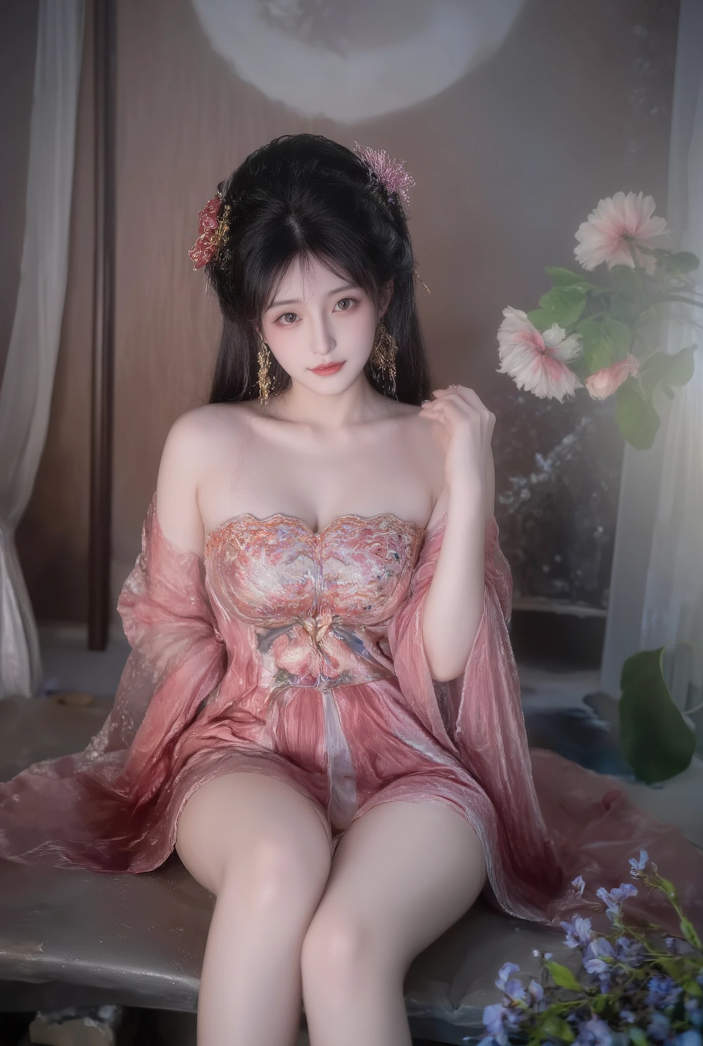 qh dress,qh hair ornament
td dress,td hair ornament
rm dress,rm hair ornament, Hanfu,see-through, silk ,jewelry,(quality improvement:1.4),1girl, Full breasts,Visible cleavage,Sexy long legs,The skirt is short,She gently lifted her skirt with one hand,Surrounded by white Phalaenopsis orchids,Lilac dendrobium、White Lily, Flying petals,(Top quality leather), Delicate face,Black Hair, Gradient hair, Body,(Body1.1), He has a precious gem on his forehead., Shining Student,Long eyelashes,Smile, Surrealism, Movie Lighting, Projection Insertion, Surrealism, Ultra HD, masterpiece,lie,Keep dreaming,Open your legs slightly.,Tattoo,Fantasy Space,Luxurious space,Exquisite makeup,Blush,Shy expression