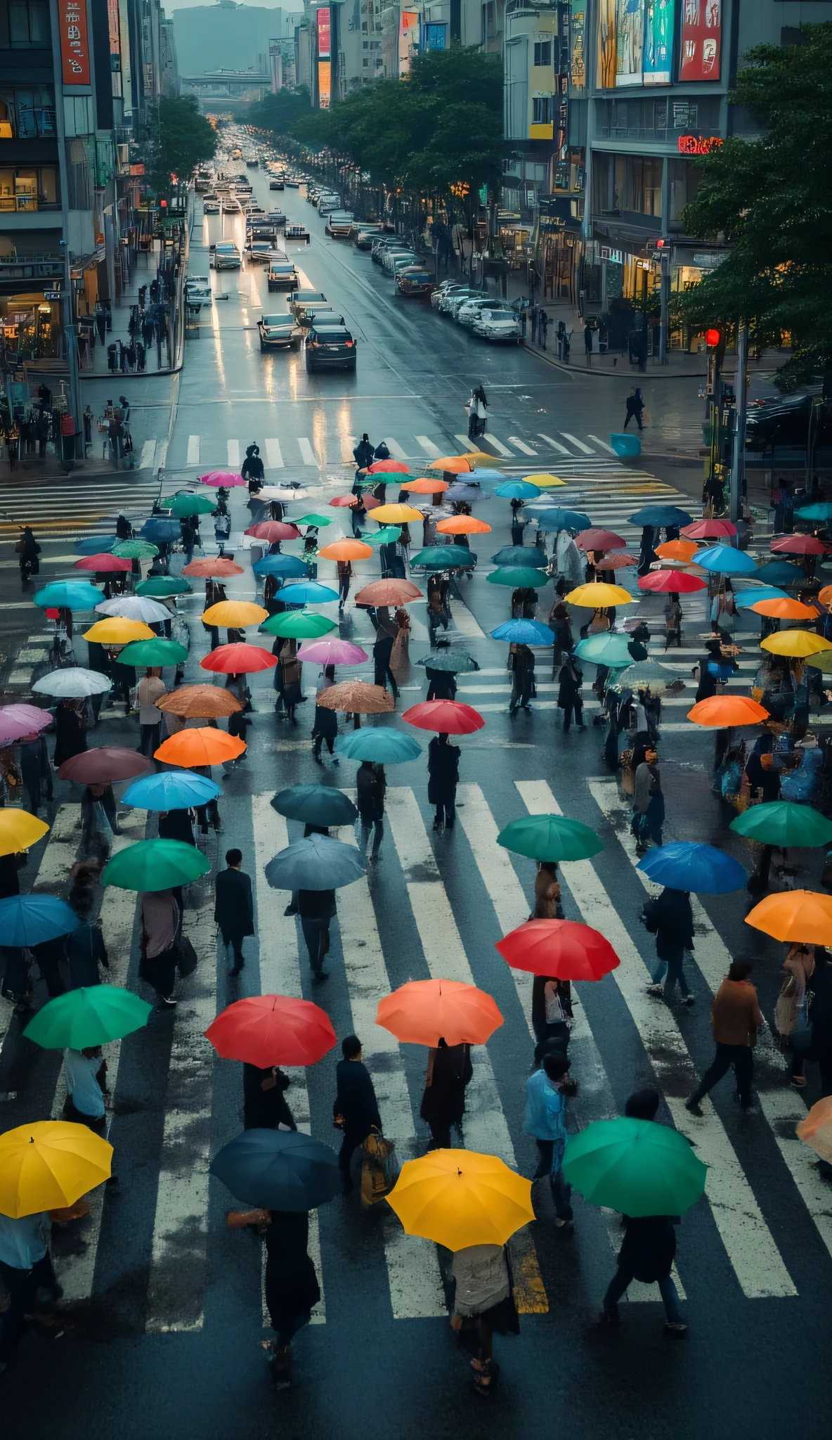 in high-definition images、、It rained a lot in Tokyo、It rained quite a bit、The scramble crossing in front of Shibuya Station is a sea of umbrellas on the way home、Cars are stopped at the intersection and pedestrians are spreading colorful umbrellas、Aerial photography、I'm looking at the Shibuya Scramble Crossing from an angle。