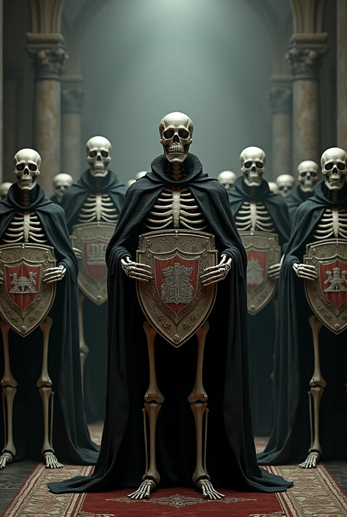 fifteen skeletons holding two coats of arms=