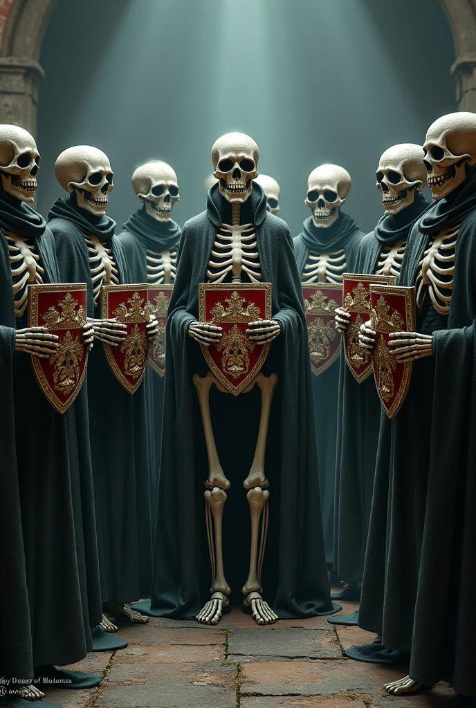 fifteen skeletons holding two coats of arms=