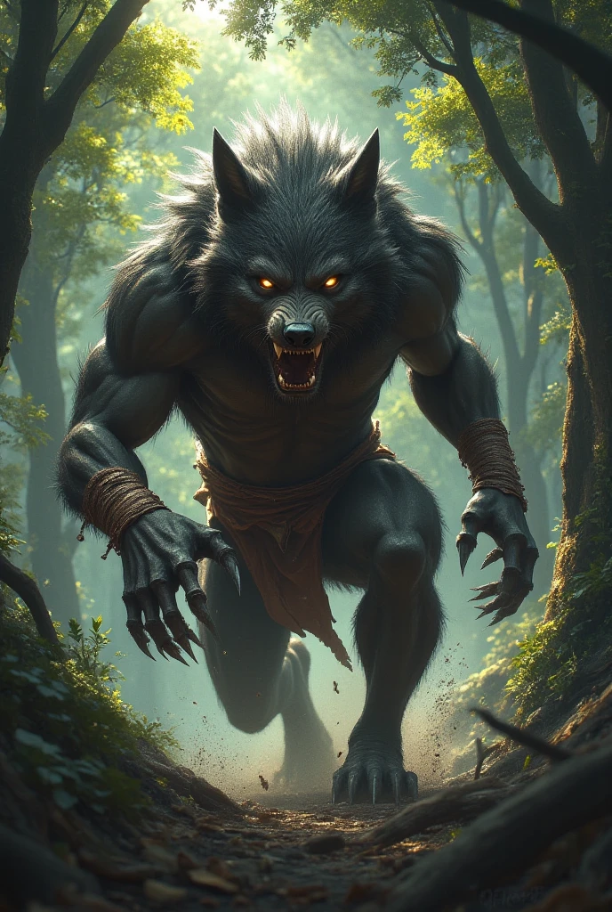 the werewolf lies in wait, hidden in dense undergrowth. The air is saturated with the smell of decay and the whisper of forgotten magics.. His fur, drenched in the blood of a recent hunt, goes perfectly with the shadows, his eyes sparkled with a predatory gleam. near, a group of unsuspecting villagers, armed with torches and crude weapons, proceed with caution, their breath is visible in the cold night air. They are looking for the beast, terrorizing their homes., without suspecting, that the hunter became the hunted. When the wind carries their scent to his sharp nose, the werewolf tenses up, muscles curled up like springs, ready to cause chaos in this darkness, medieval nightmare.