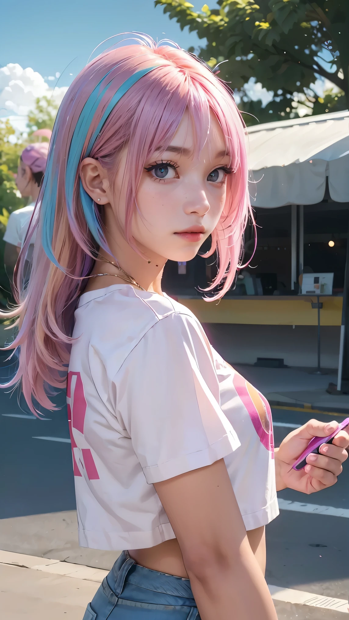 AniPoma 1,(masterpiece, best illustrations, The best manga), alone, 1 girl, purple eye, ( shiny skin,  soft hair for cell phones), (Milkshake in hand), freckles, (bright pink two-tone hair:1.3), (is wearing a Led Zeppelin t-shirt,  denim jeans), (Intense light and dark, volume light, By Light ), ( orbital space:.5), ( rainbow light , Light Leak), ( charming, Shine), (alone),  manga dusk 1 , Manfa 1