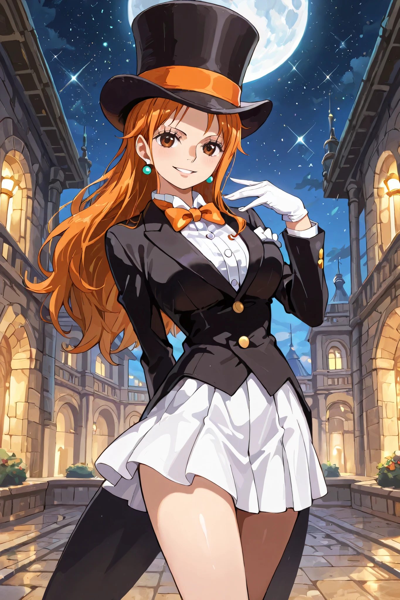 (masterpiece) solo, 1girl, nami, one piece, long orange hair, earrings, brown eyes, sleek legs,( large black silk top hat, orange band) black tuxedo jacket, white shirt under tuxedo jacket, orange bowtie, white miniskirt, ((white gloves)), (smiling, graceful, serene), (dapper), posing in a marble courtyard, night scene, starry background, full moon in the sky, bowing, one hand behind back, offering one hand to the viewer, (prim and proper pose, elegant pose), razzle dazzle vibes, close up shot, facing the viewer