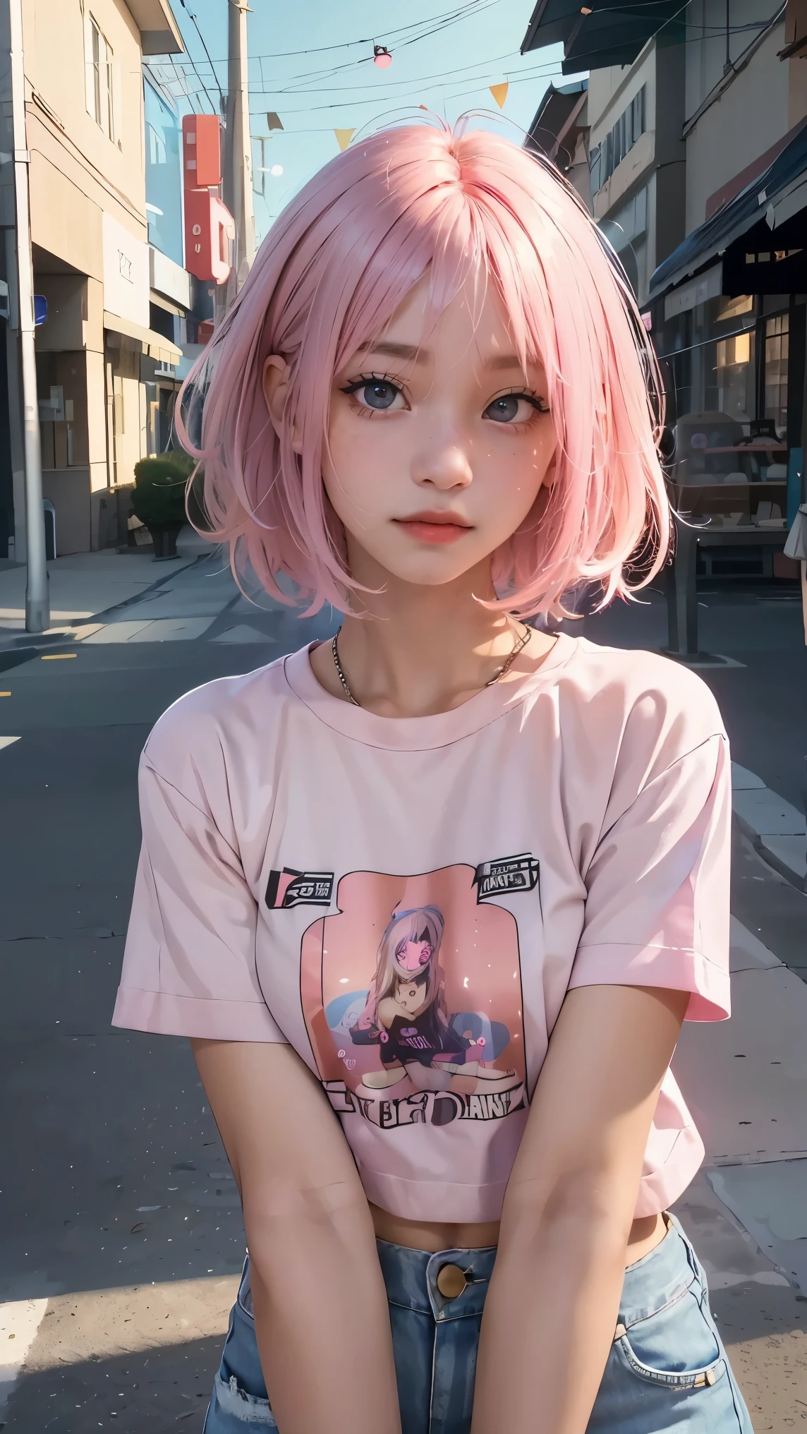 AniPoma 1,(masterpiece, best illustrations, The best manga), alone, 1 girl, purple eye, ( shiny skin, soft hair for cell phones), (Milkshake in hand), freckles, (bright pink two-tone hair:1.3), (is wearing a Led Zeppelin t-shirt, denim jeans), (Intense light and dark, volume light, By Light ), ( orbital space:.5), ( rainbow light , Light Leak), ( charming, Shine), (alone), manga dusk 1 , Manfa 1