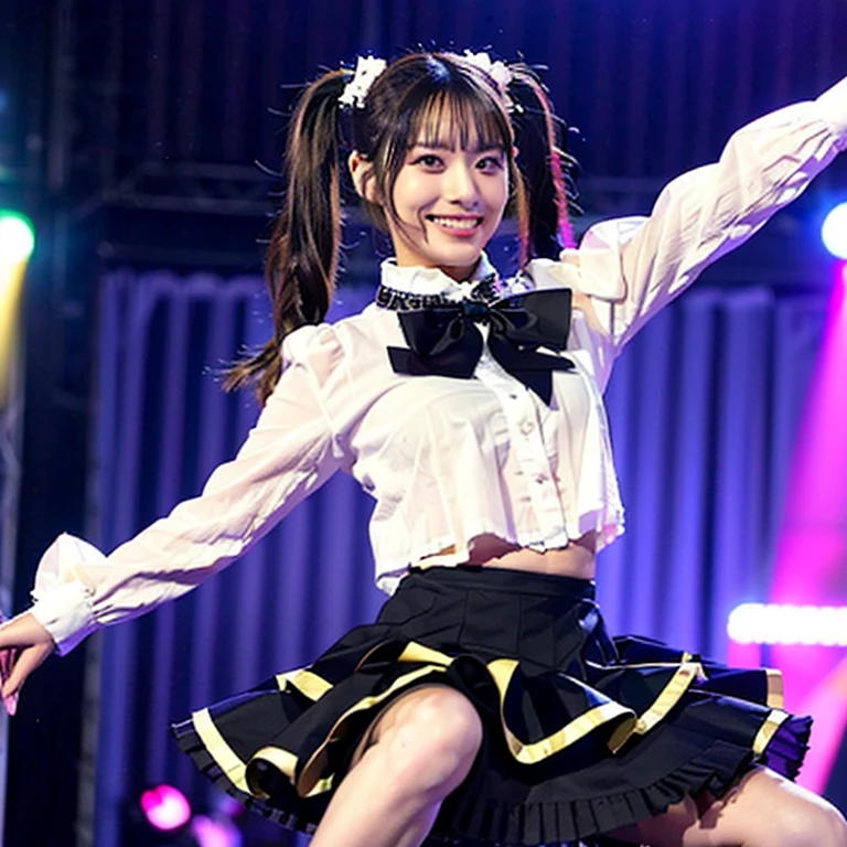 (masterpiece)、Detailed、(cute)、((Idol))、(赤色と黄色のIdol衣装)、、smile、Side ponytail hair、belly button、shoulder、Checkered ruffled lender、(dance)、Knee-high socks、Big ribbon、White underwear、Colorful hair colors、((Flat chest))、In the spotlight
