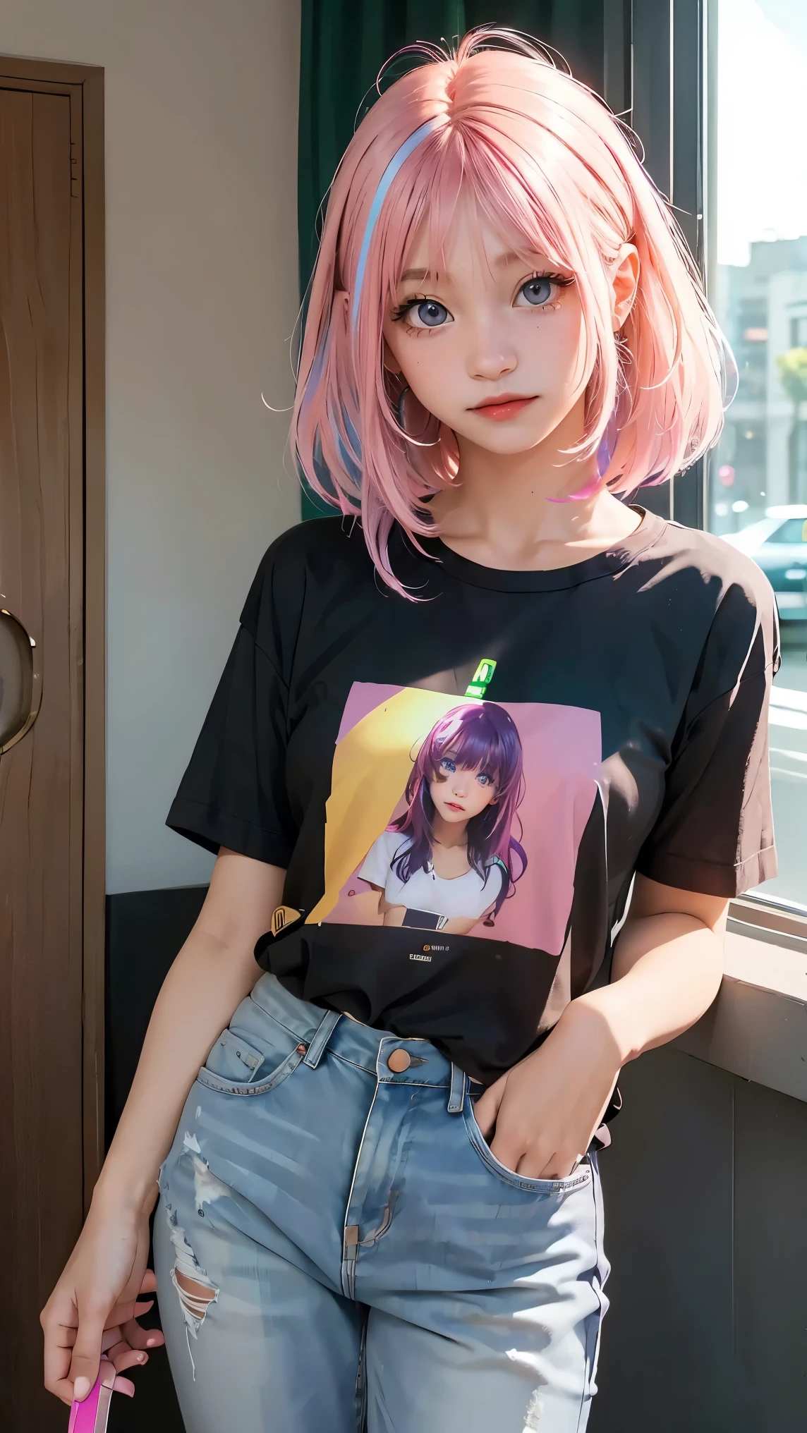 AniPoma 1,(masterpiece, best illustrations, The best manga), alone, 1 Girl, purple eye, ( shiny skin, soft hair for cell phones), (Milkshake in hand), freckles, ( Bright Pink Two-tone Hair :1.3), (I'm wearing a Led Zeppelin t-shirt, denim jeans), (Intense light and dark, volume light, By Light ), ( orbital space:.5), ( rainbow light , Light Leak), ( charming, Shine), (alone), manga dusk 1 , Manfa 1