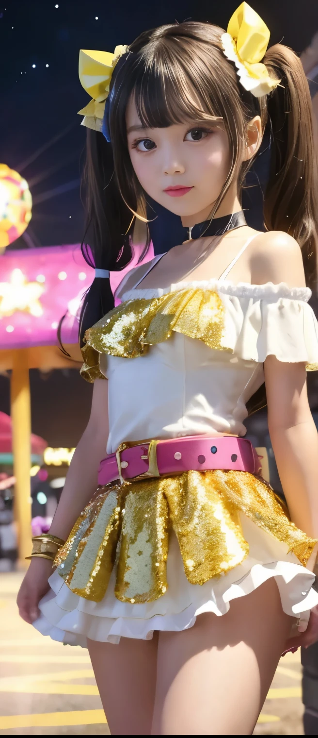 pure idol girl(pigtails)、A pure girl's face、 hypo、gold and white sequin fringe mini dress(Off Shoulder)、elegant belt、Glowing Candy Sticks、Glamorous Night Amusement Park