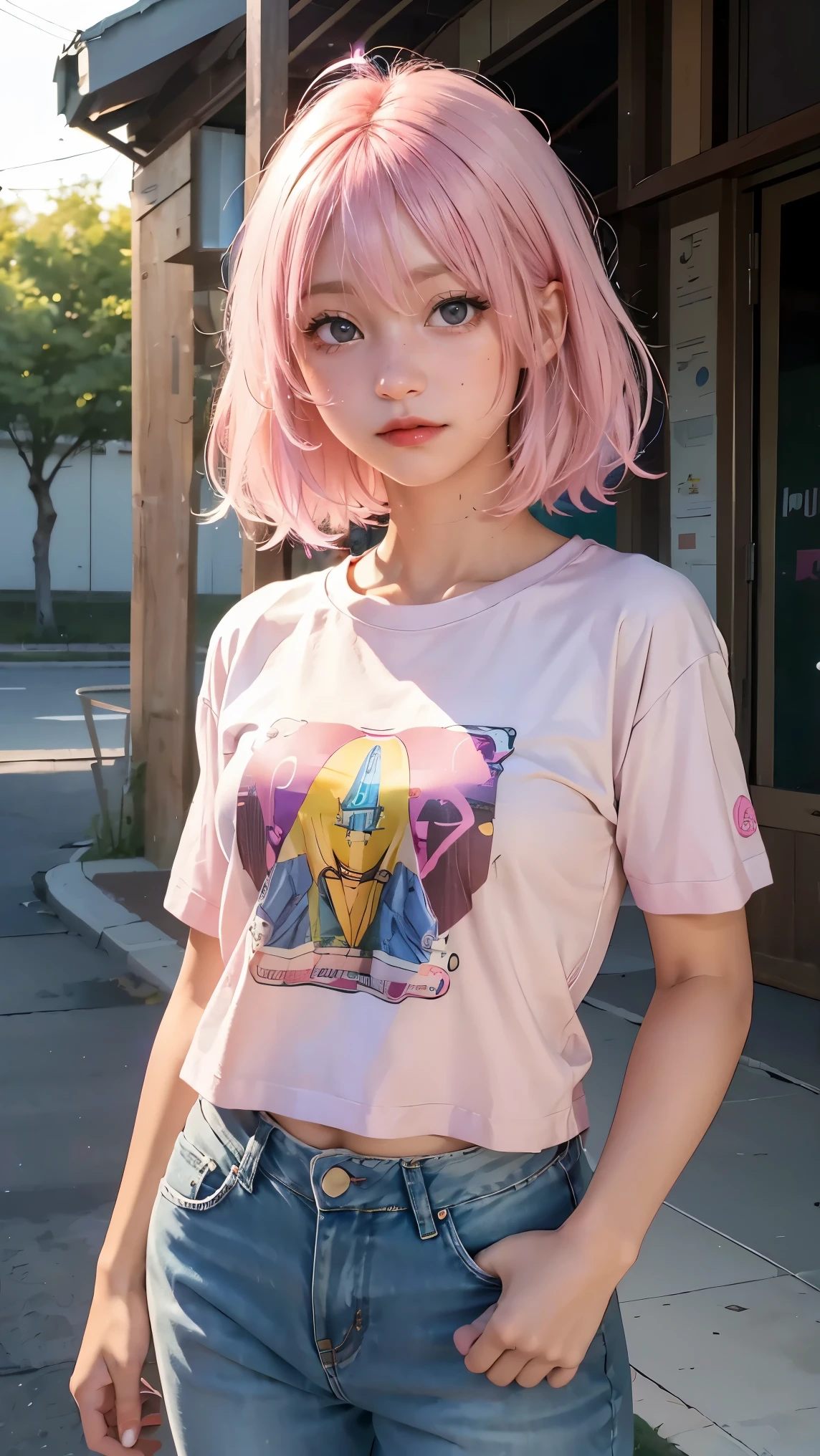 AniPoma 1,(masterpiece, best illustrations, The best manga), alone, 1 girl, purple eye, ( shiny skin, soft hair for cell phones), (Milkshake in hand), freckles, (bright pink two-tone hair:1.3), (is wearing a Led Zeppelin t-shirt, denim jeans), (Intense light and dark, volume light, By Light ), ( orbital space:.5), ( rainbow light , Light Leak), ( charming, Shine), (alone), manga dusk 1 , Manfa 1