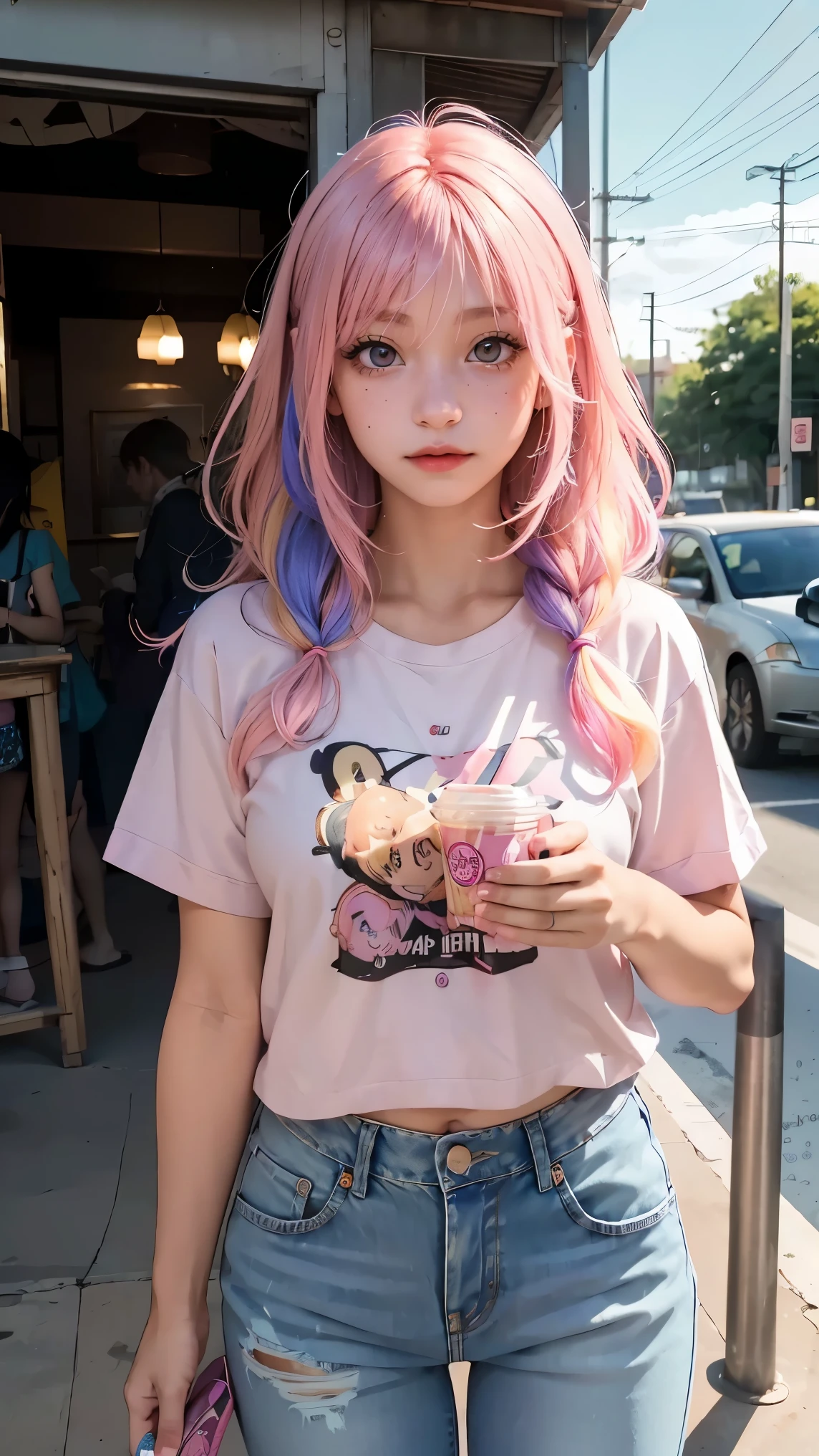 AniPoma 1,(masterpiece, best illustrations, The best manga), alone, 1 girl, purple eye, ( shiny skin, soft hair for cell phones), (Milkshake in hand), freckles, (bright pink two-tone hair:1.3), (is wearing a Led Zeppelin t-shirt, denim jeans), (Intense light and dark, volume light, By Light ), ( orbital space:.5), ( rainbow light , Light Leak), ( charming, Shine), (alone), manga dusk 1 , Manfa 1