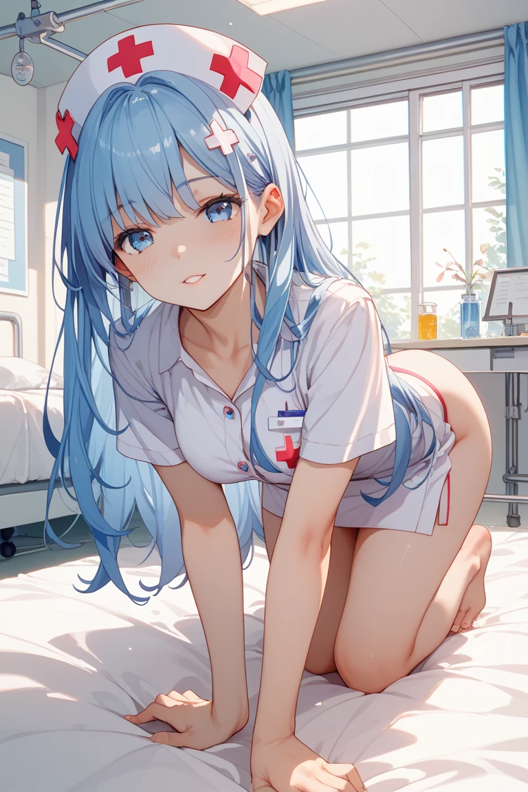 a matter of fact, daytime, sunlight, 1 girl, 8K resolution, blue hair, blue eyes, glowing eyes, white short skirt, Blush, nurse, sleeveless shirt, sunlight, Wet from the rain, seethrough, Sit with your knees raised., pussy, smile, the skirt is blowed up, highest quality, High resolution, highly detailed face, perfect lighting, Very detailed CG, (perfect hands, perfect anatomy), mini yaemori, perfect figure, in love expression, bottomless, armpit,