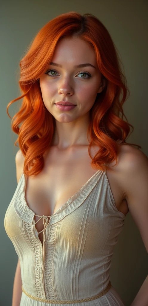 a image of a redhead looking into the camera full body in image,  (makeup:1.4), clothed, (fit body:1.2), white dress, highly detailed hair, natural skin texture, 4k textures, detailed belly, highly detailed perfect smooth skin, lightroom, intricate, ultra-realistic, outside, (hdr:1.3), uhd, (intricate details, hyperdetailed:1.1), cinematic, photo-real, (dark shot:1.2), dramatic, high contrast, (warm colors:1.1), muted colors, masterpiece, elegant, sharp focus, laying on bed