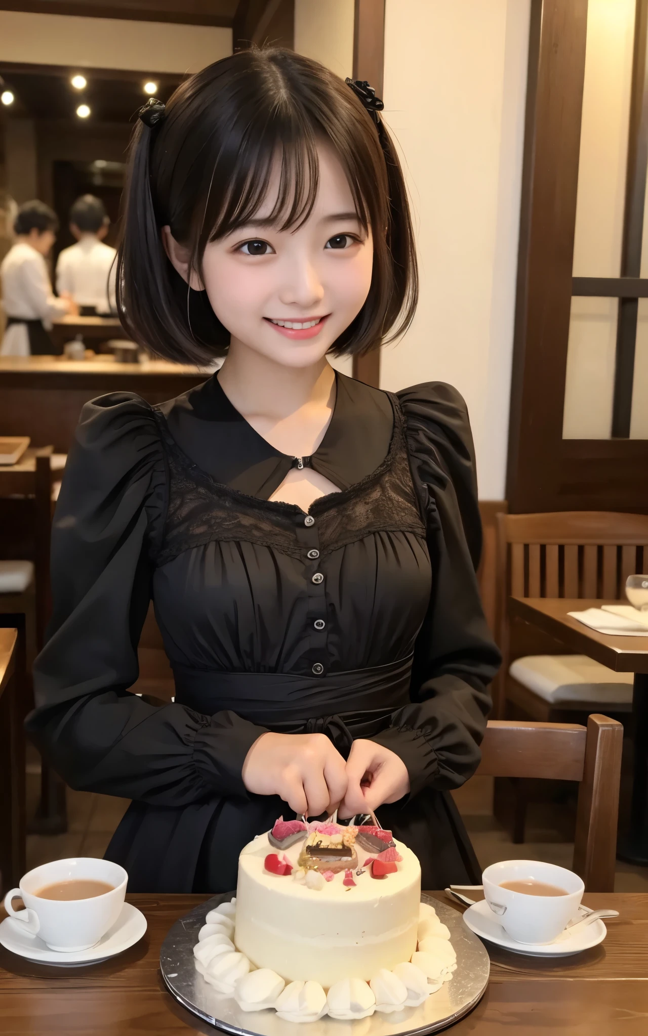 ((Highest quality)), ((masterpiece)), Realistic im ages 、Get down on your knees other than the front 、Very bright expression、big smiles、 Japanese Girls、 realistic im年齢 of the eye area 、small、 look like 、、Age 8、medium bob hair、 black hair、 slim、 body、real face、small、gothic ta fashion clothes、 long sleeve、The chest does not expand、、doesn't emphasize chest、thin body、、 bustling restaurant 、,Looks very happy、opens its mouth and laughs、I'm celebrating my birthday、I have a big birthday cake