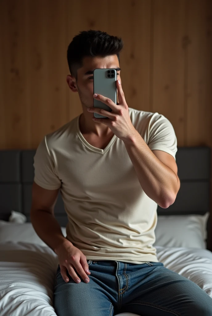 Naked lower waist body of muscular man lying on bed selfie from phone screen