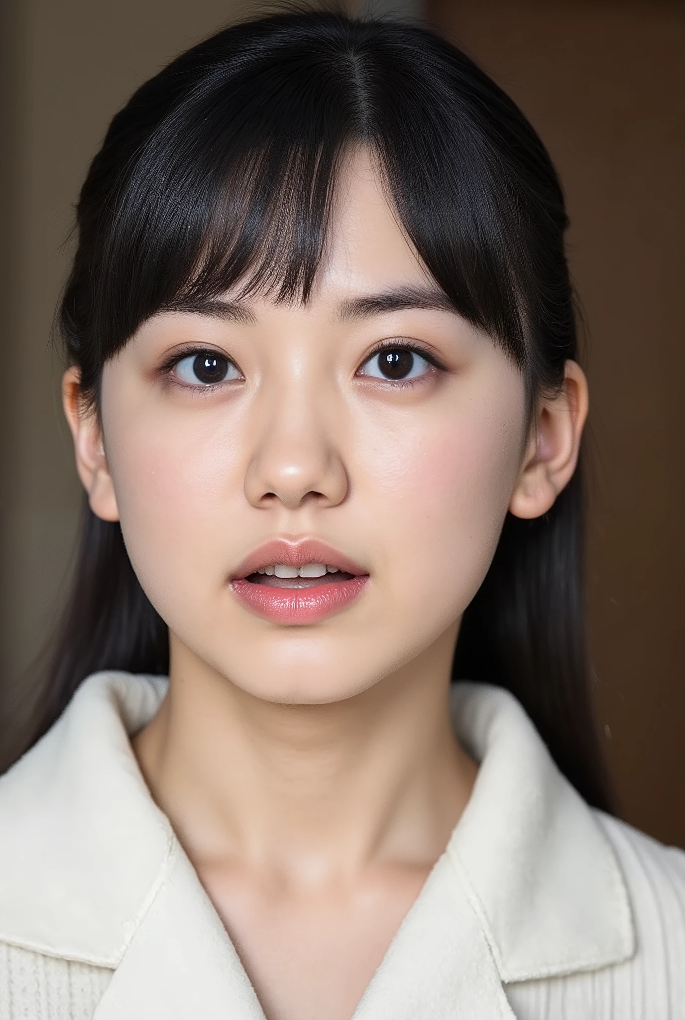 high-resolution portrait photo of a Japanese woman, photorealistic on the bed,  masterpiece, Perfect quality to hide my collarbone, Complicated Details, professional lighting, alone, 1 girl, Worn,  Full Body,   black hair,  detailed face,   beautiful eyes , Expressions of anger, ( Look at your fingers   ), (  White Cum In My Mouth ,    open your mouth  :1.4),  raise her chin,   camera in the tongue train , indoor,、