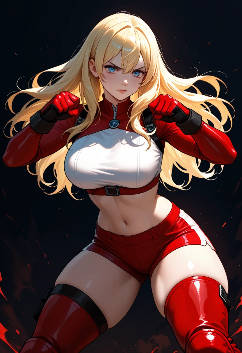 1girl, medium breasts, leotard, black leotard with red accents, sleeveless, midriff, bare legs, boots, matching boots, bracelets, mars backdrop, solo, single, standing, full body shot, cowboy shot, beautiful detailed eyes, blonde hair, medium hair, superhero, barbarian, using broad sword in hand, 1sword