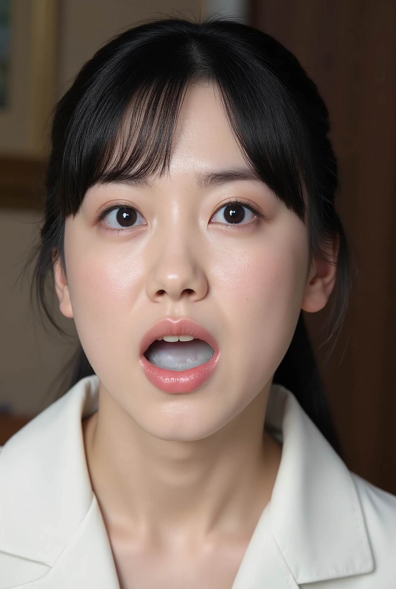 high-resolution portrait photo of a Japanese woman, photorealistic on the bed, masterpiece, Perfect quality to hide my collarbone, Complicated Details, professional lighting, alone, 1 Girl, Worn, Full Body, black hair, detailed face, beautiful eyes , Expressions of anger, ( Look at your fingers ), ( White Cum In My Mouth , open your mouth :1.4), raise her chin, camera in the tongue train , indoor,、