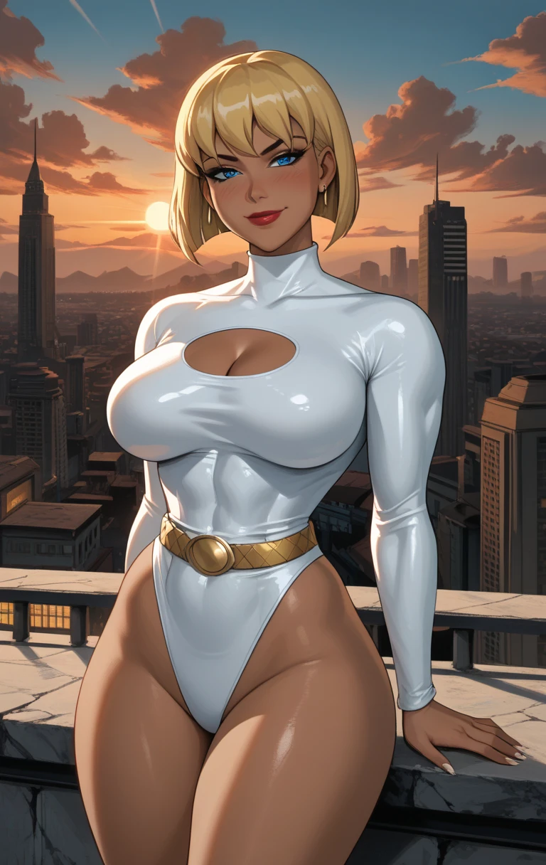 (best quality,4k,8k,highres,masterpiece:1.2),ultra-detailed,(realistic,photorealistic,photo-realistic:1.37),beautiful ((Power girl)),muscular,beautiful detailed eyes,beautiful detailed lips,longeyelashes,dark blond hair cascading down her shoulders,black leather pants,light beige sweater,full body,strong lighting,soft warm colors,blurred background,neutral expression,standing on (((top of a skyscraper))) in a sunlit city in ruins, (cameltoe)