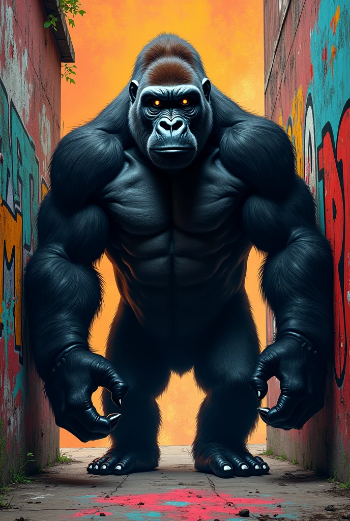 Gorilla in black coat and black shorts with white high top sneakers