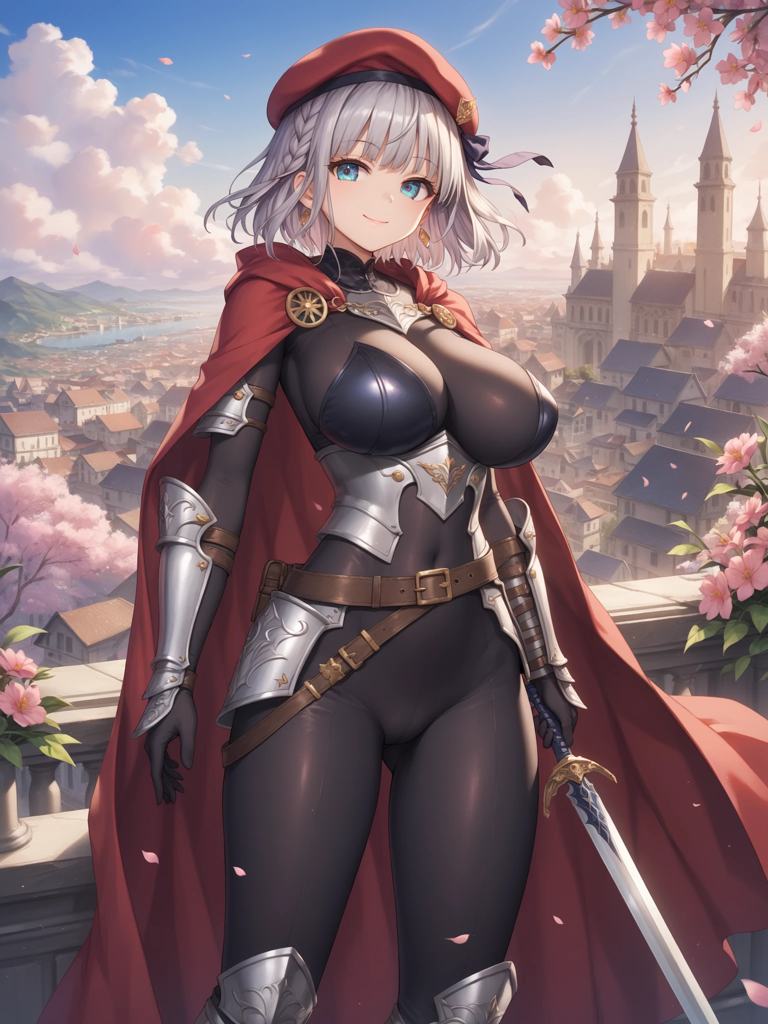 sfw, 1girl, (pixie cut hairstyle:1.4), white_hair, Meadow_theme, (Standing:1.2), (meadow_bacground), (skimpy white robe:1.3), vivid colors, teal_eyes, human_hand, mature_face, calm_face, slight_smile, symetrical_eyes, symetrical_face, (silver armour on arms), knees, (over_the_shoulder_look), [[thick thighs]], gloves , Milf, mature female, blush, curvy, lips, armored_neck