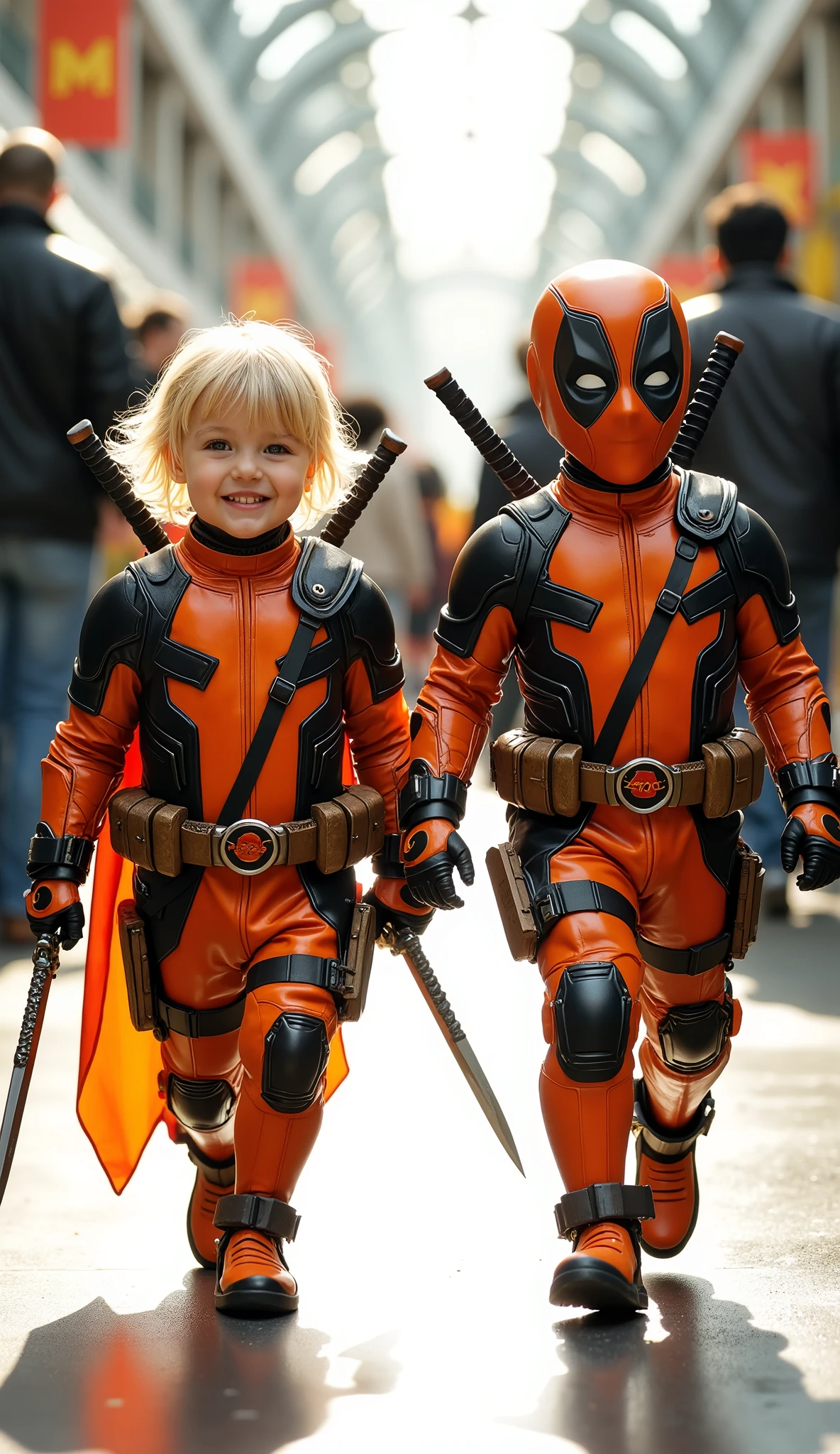 character: 1 baby boy, and 1 baby girl. They have blonde hair and They have European faces.
action: Walk straight and look straight ahead.
Expression : smiling.
Costume : they Wearing futuristik orange Deadpool. Two swords on the back.
Background : A bright indoor public space , with people vaguely seen in the distance, shows that this picture was taken at a fun event or get-together, maybe a convention or costume . They radiate happiness as they walk confidently in their superhero costumes. Show the whole body.