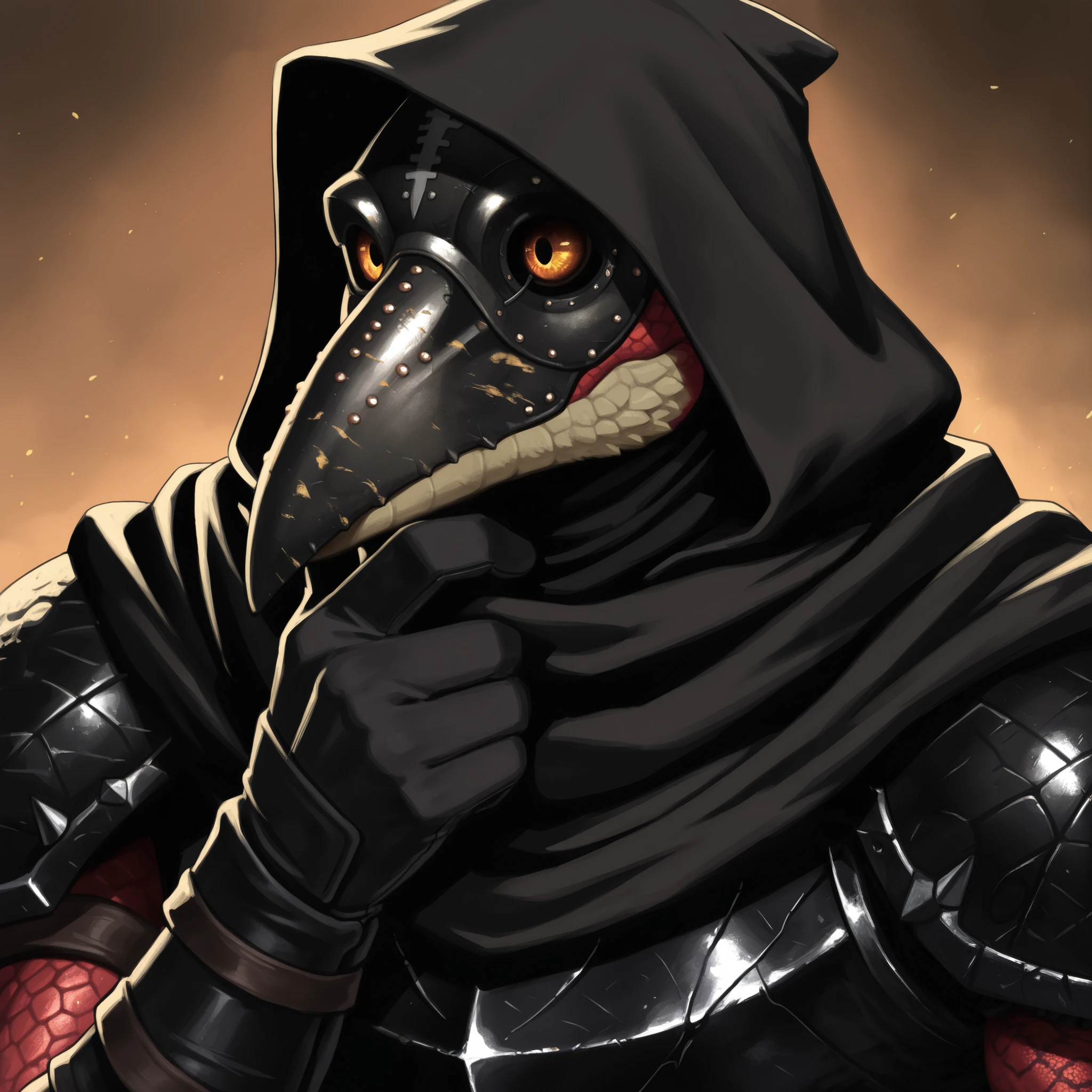 Anthro male lizardman, short snout, smooth scales, DnD, large red snake eyes, dark brown scales, solo, athletic, 1man, black cape, black gloves, black iron armor under cape, dirty body, portrait, face focus, looking away, hand at chin, black plague doctor mask, black hood, black scarf