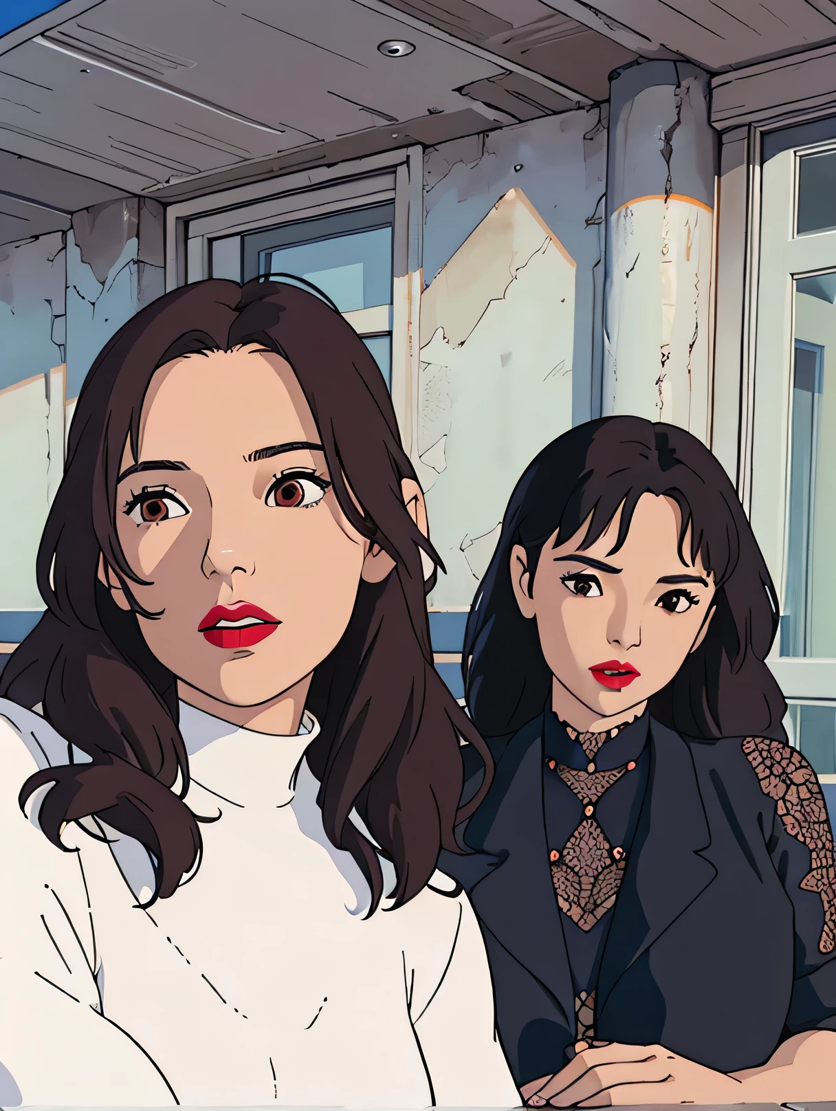 there are two women standing next to each other outside, profile pic, both have red lips, shot with sony alpha, with black, beautiful faces, wpol and sarasti, beautiful girls, taken with sony alpha 9, shot with iphone 1 0, with same hairstyle, selfie photo, shot on nikon z9, with accurate face, shot with sony alpha 1 cameraghibli style, ((masterpiece)),((best quality)),(detailed),Illustration,8k,colorful, high contrast