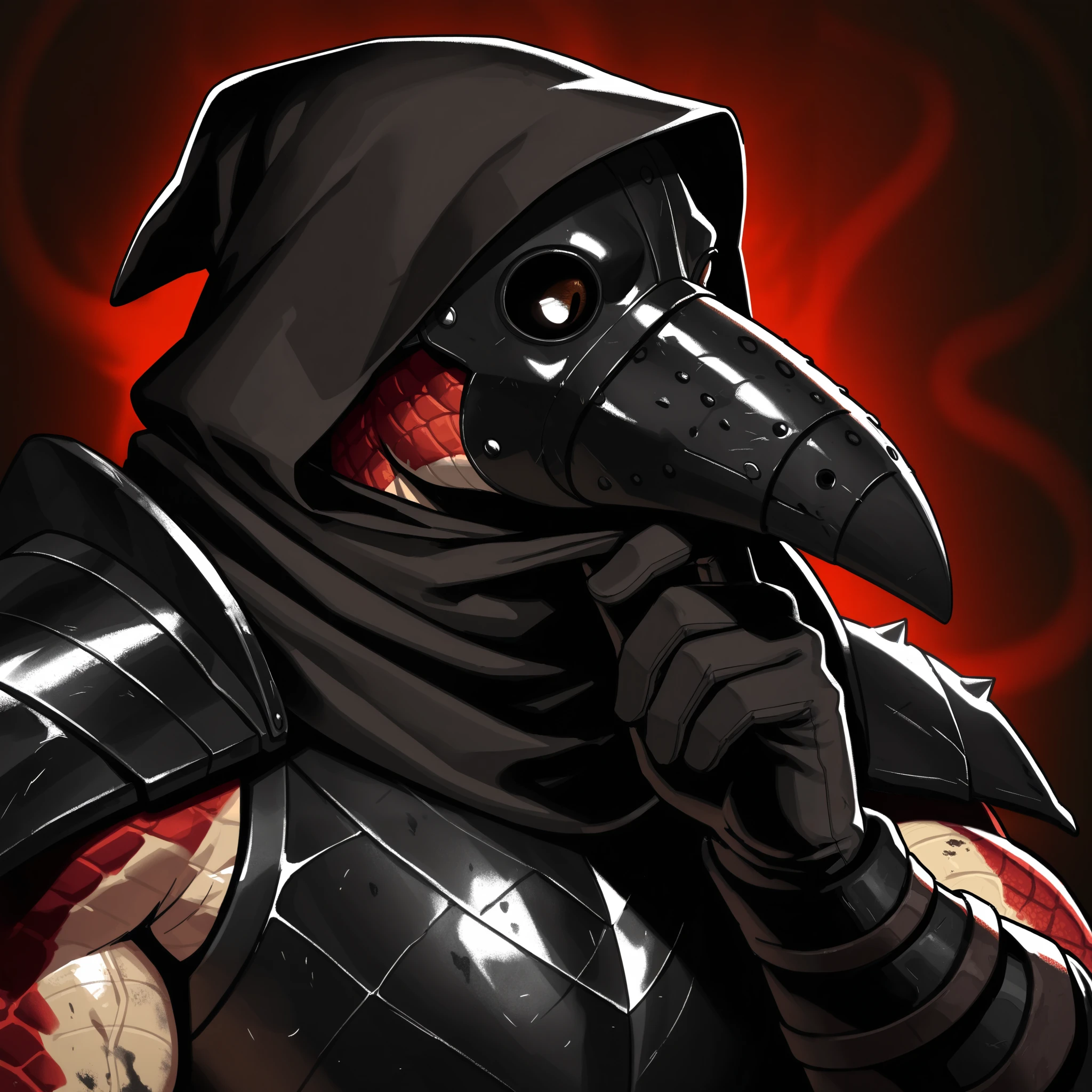 Anthro male lizardman, short snout, smooth scales, DnD, large red snake eyes, dark brown scales, wide shoulders, solo, athletic, 1man, black cape, black gloves, black iron armor under cape, dirty body, portrait, face focus, looking away, hand at chin, black plague doctor mask, black hood, black scarf