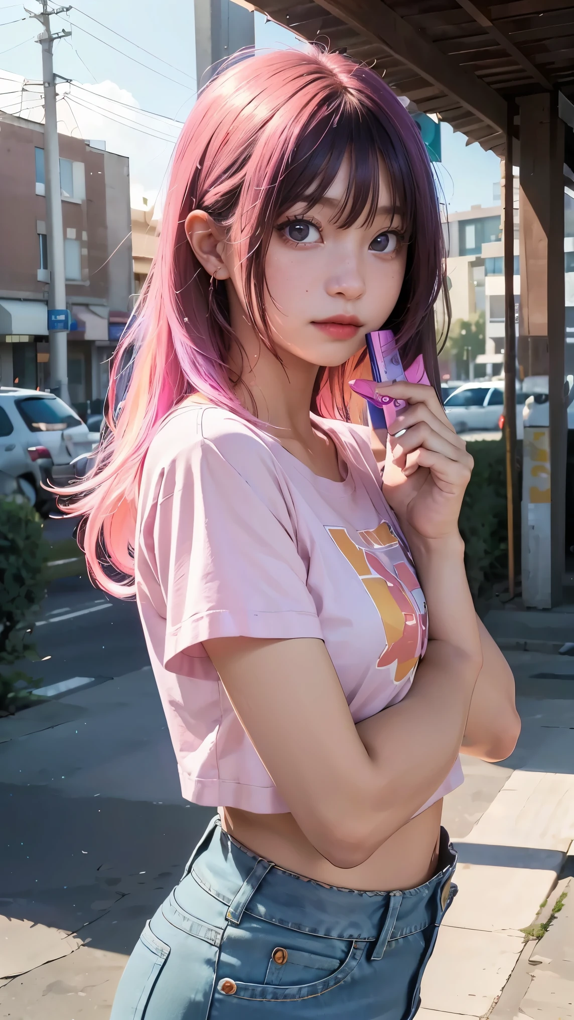 AniPoma 1,(masterpiece, best illustrations, The best manga), alone, 1 girl, purple eye, ( shiny skin,  soft hair for cell phones), (Milkshake in hand), freckles, (bright pink two-tone hair:1.3), (is wearing a Led Zeppelin t-shirt,  denim jeans), (Intense light and dark, volume light, By Light ), ( orbital space:.5), ( rainbow light , Light Leak), ( charming, Shine), (alone),  manga dusk 1 , Manfa 1