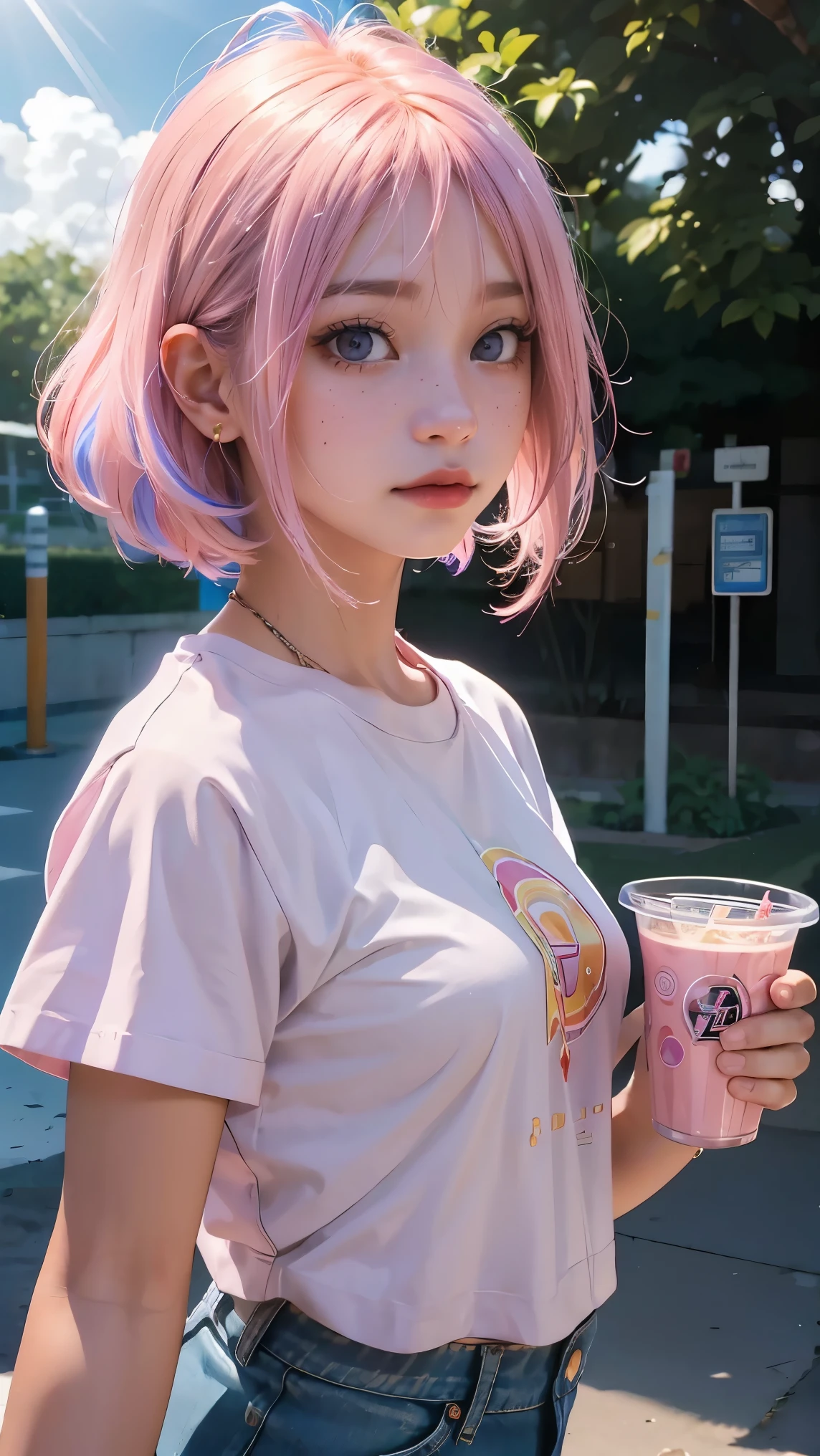 AniPoma 1,(masterpiece, best illustrations, The best manga), alone, 1 Girl, purple eye, ( shiny skin,  soft hair for cell phones), (Milkshake in hand), freckles, ( Bright Pink Two-tone Hair :1.3), (I'm wearing a Led Zeppelin t-shirt,  denim jeans), (Intense light and dark, volume light, By Light ), ( orbital space:.5), ( rainbow light , Light Leak), ( charming, Shine), (alone),  manga dusk 1 , Manfa 1