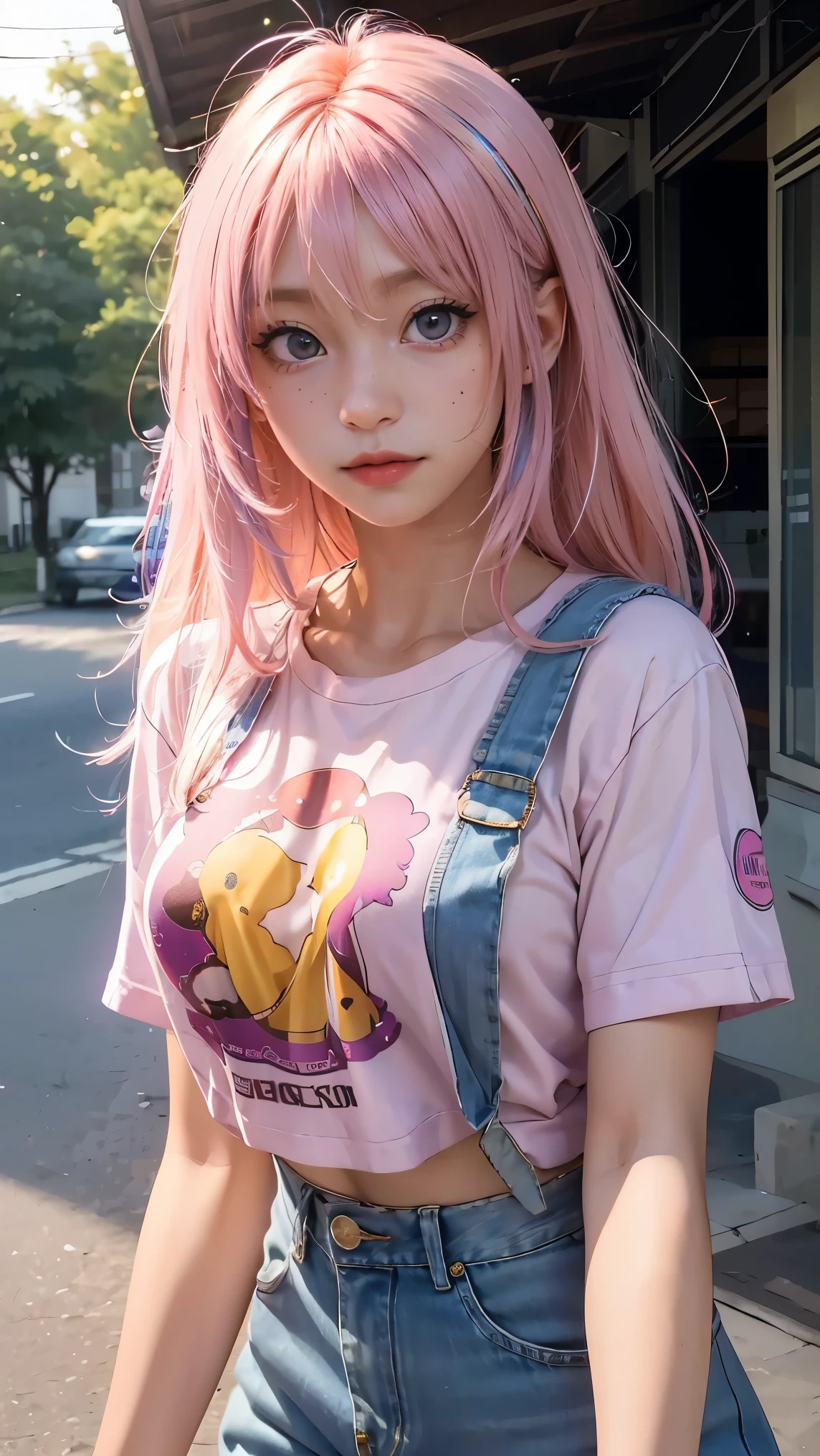 AniPoma 1,(masterpiece, best illustrations, The best manga), alone, 1 girl, purple eye, ( shiny skin,  soft hair for cell phones), (Milkshake in hand), freckles, (bright pink two-tone hair:1.3), (is wearing a Led Zeppelin t-shirt,  denim jeans), (Intense light and dark, volume light, By Light ), ( orbital space:.5), ( rainbow light , Light Leak), ( charming, Shine), (alone),  manga dusk 1 , Manfa 1