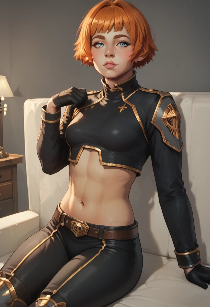 masterpiece, ((ultra detailed background, delicate pattern, complex part)), (very detailed, small parts), Best quality, beautiful lighting, ((Medium breasts, Slender girl)), 1 girl, Lilith, (bang, covering one eye), ((light orange hair)), headphones, Brown eyes, (handmade:1.4), (penis:1.2),focus on penis, (naked tits covered in cum:1.3 NFV((after blowjob)), ((cum on face)), complex detailed background, inside, Furnishings in the castle room, medieval castle, Grey walls, window, bookshelf, (cowboy shot),
